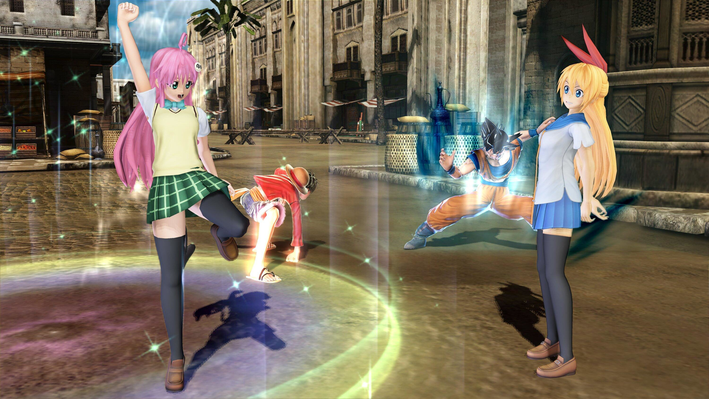 Postacie z anime w pozycji walczącej. Dziewczyna w zielonej spódnicy i inna w niebieskiej.