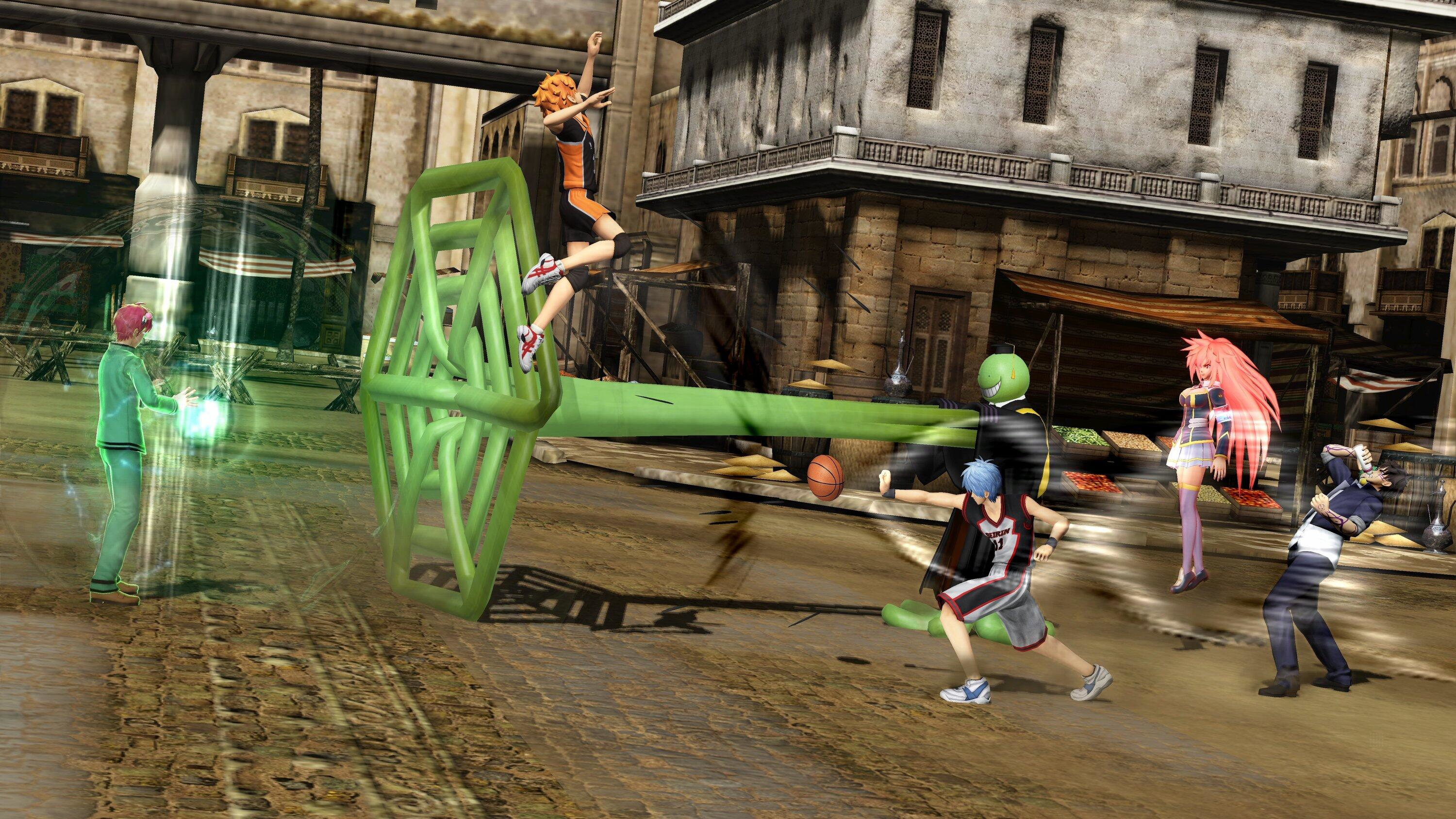 Postacie w grze grają w sport z zielonym obracającym się kołem. Kolorowa, pełna akcji scena.