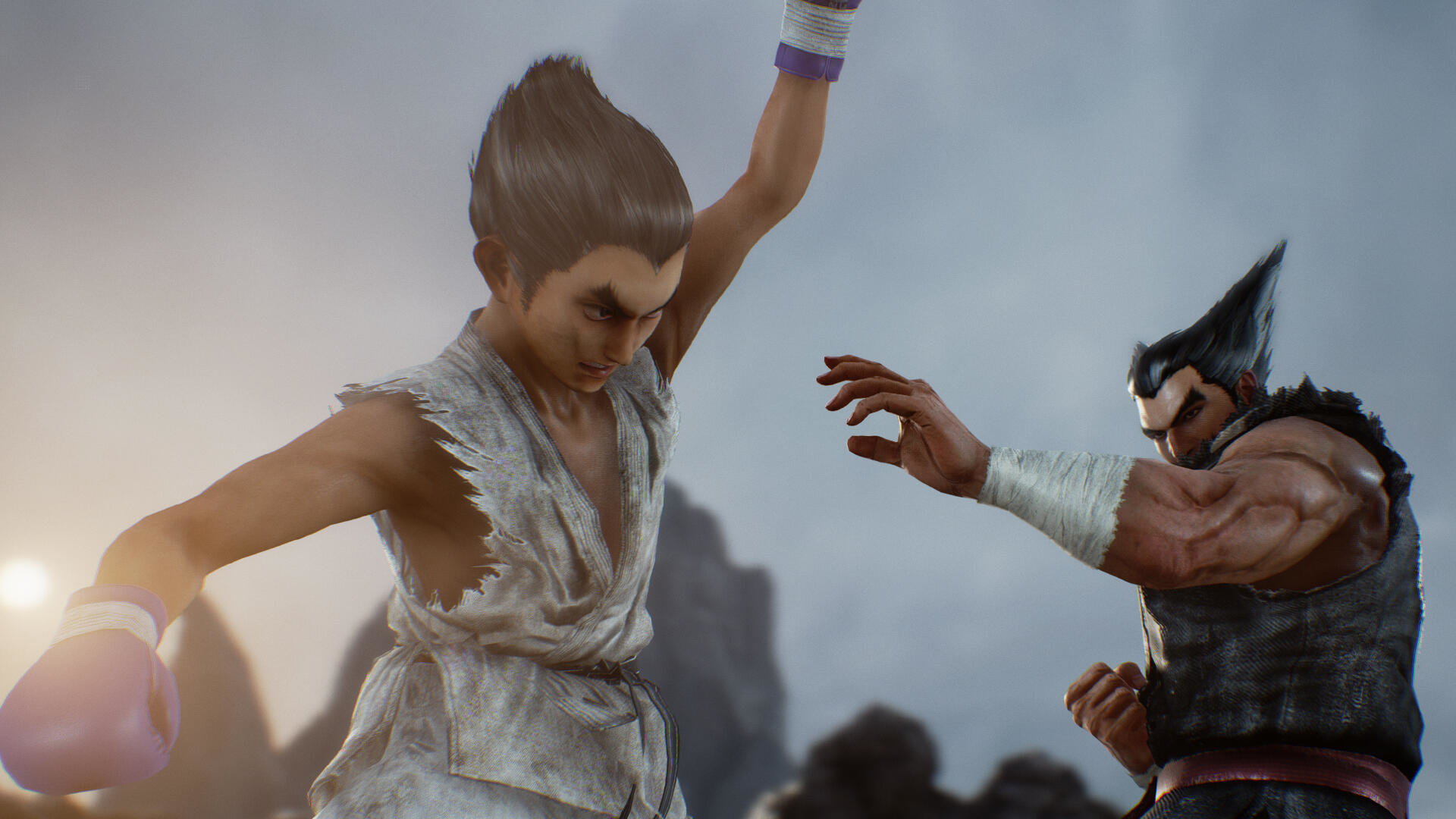 Dwóch wojowników w grze walki. Jeden podnosi rękę, drugi jest gotowy. Pochmurne tło.