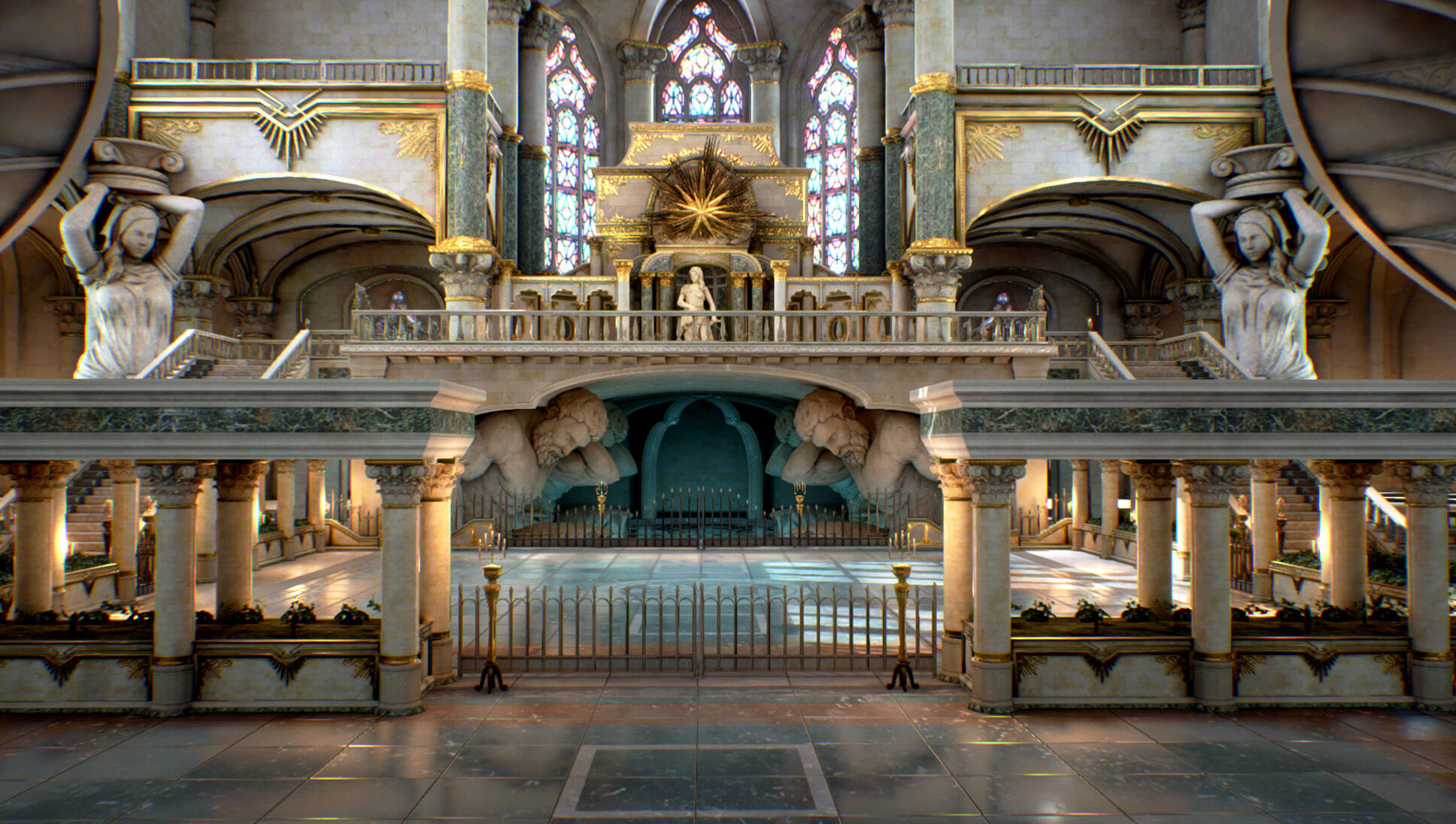 Ozdobne wnętrze katedry z dużymi filarami i posągami. Widoczne witraże.