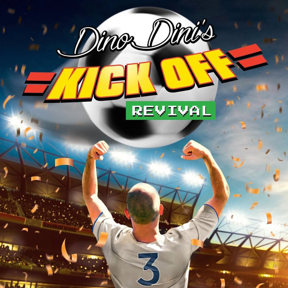 Okładka gry: Dino Dini's Kick Off Revival, piłkarz świętuje gola, z tłumem w tle.