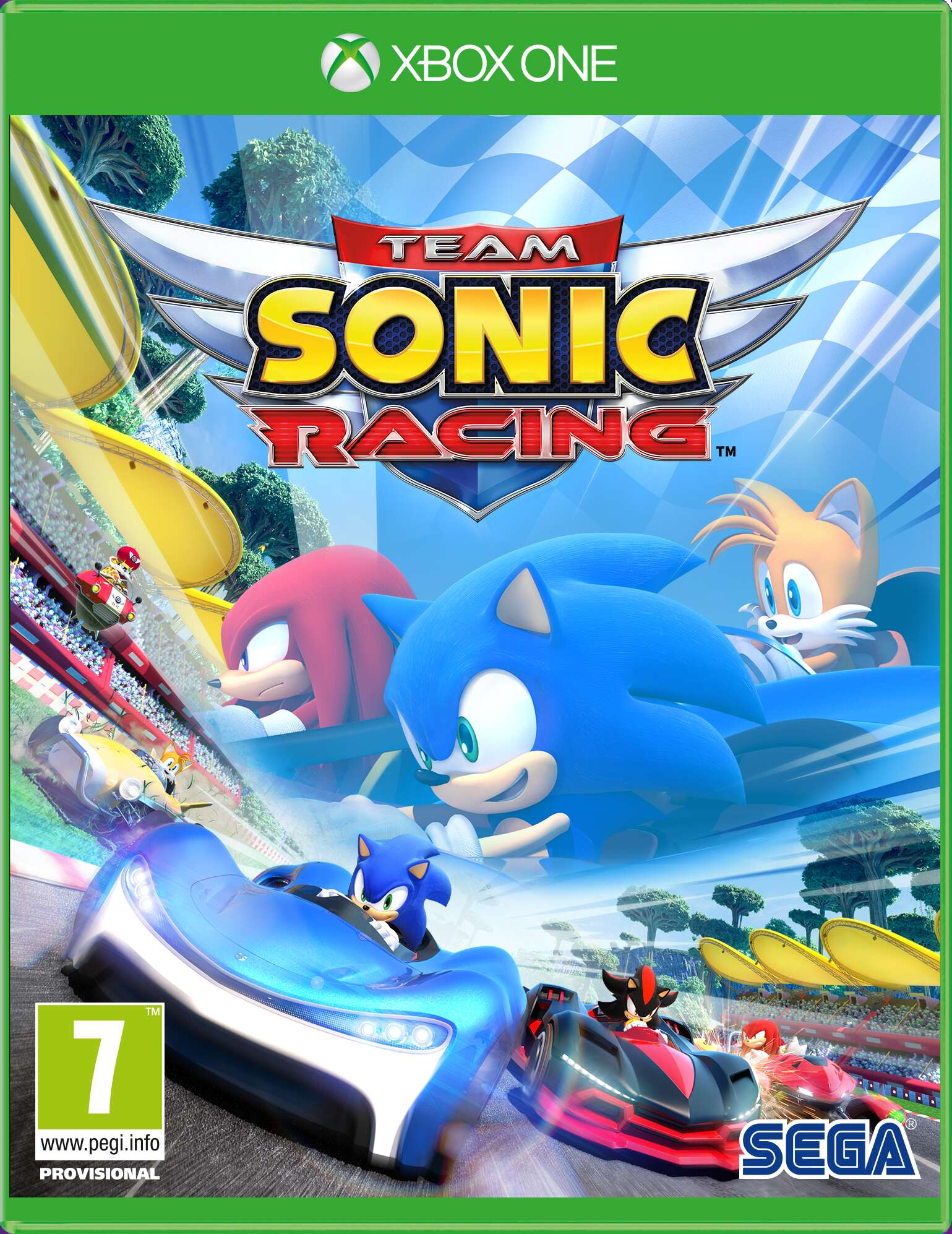Okładka gry 'Team Sonic Racing' przedstawia Sonica i inne postacie w samochodach wyścigowych.