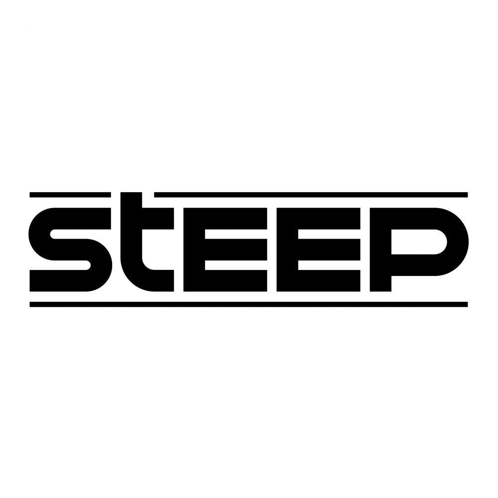 Logo Steep w kolorze białym na czarnym tle. Słowo 'STEEP' jest napisane pogrubioną czcionką.