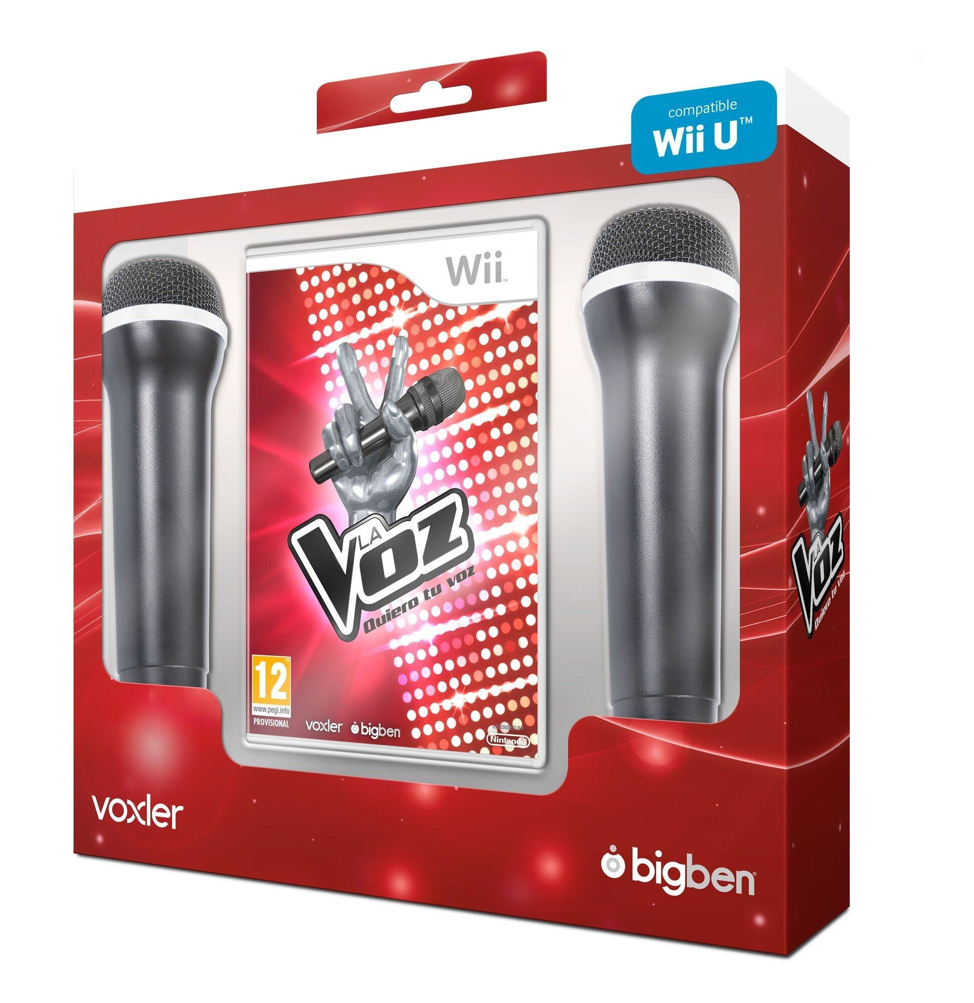 Pudełko z grą: La Voz Quiero tu voz, z dwoma mikrofonami i okładką gry.