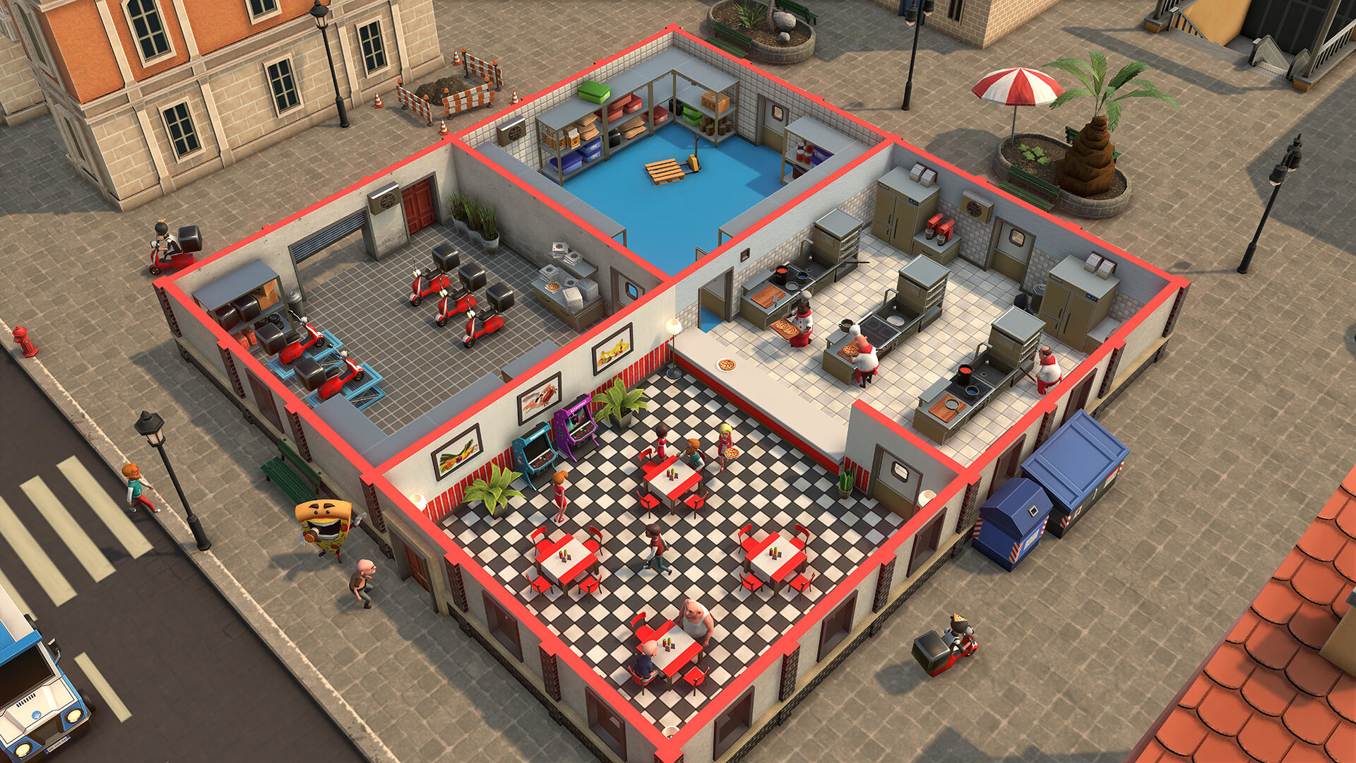 Widok z góry na wnętrze restauracji z klientami i personelem.