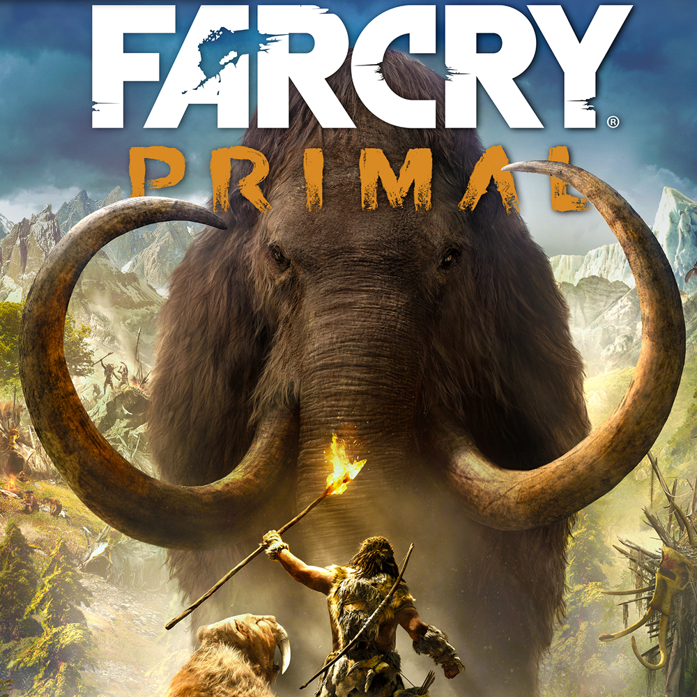Okładka gry Far Cry Primal. Mamut, myśliwy z pochodnią i walki plemienne w tle.