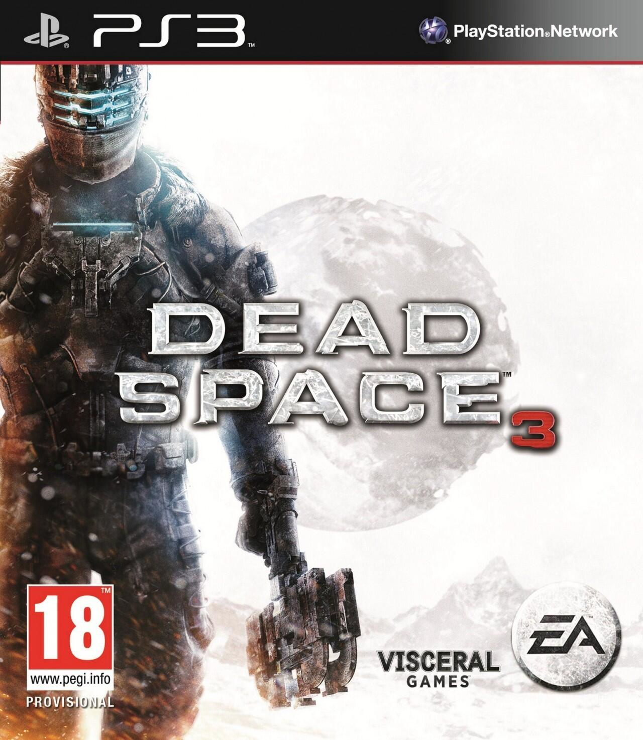 Okładka gry Dead Space 3 przedstawia postać w skafandrze kosmicznym przed księżycem. Poniżej znajduje się logo gry.