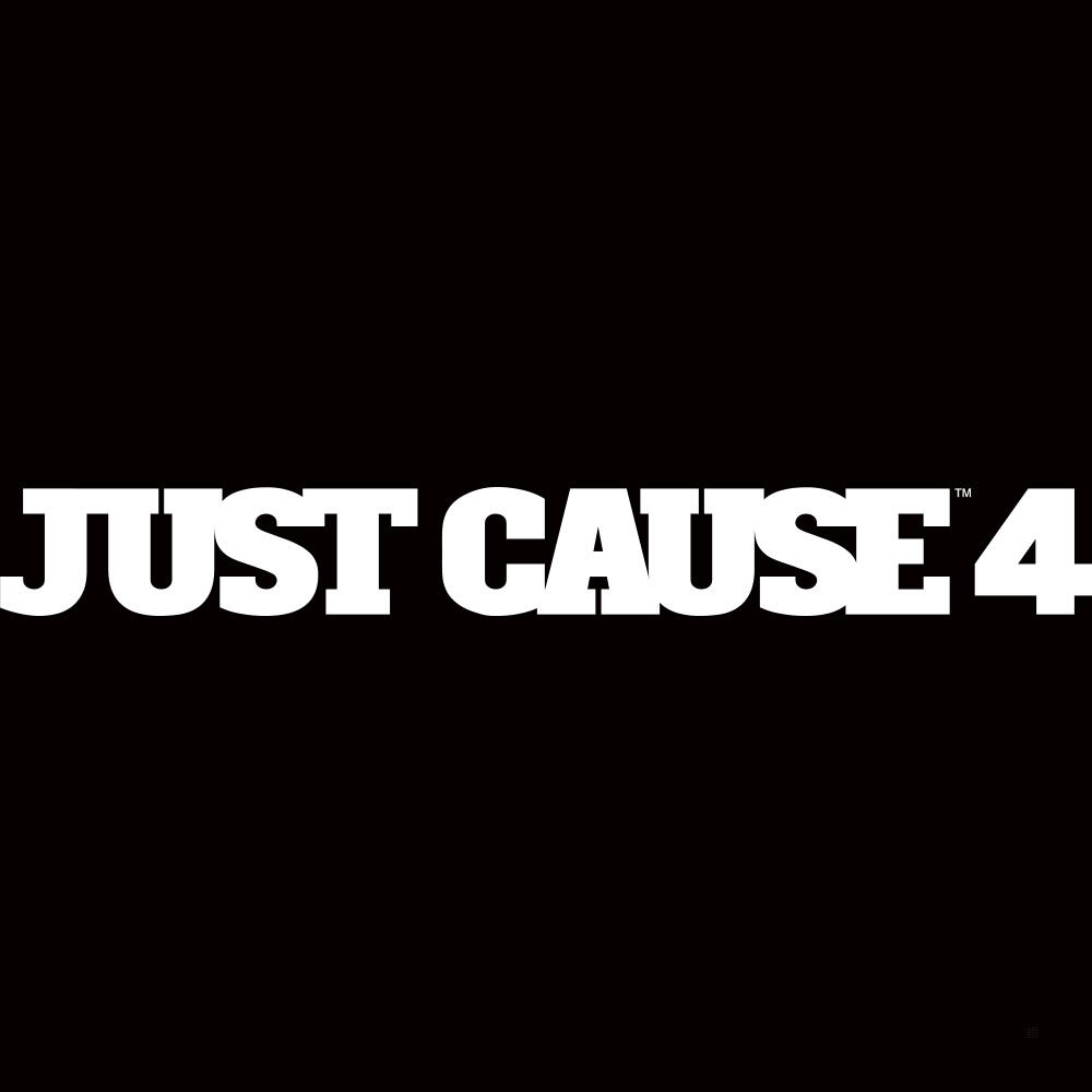 Logo Just Cause 4 su sfondo nero. Testo bianco in grassetto.