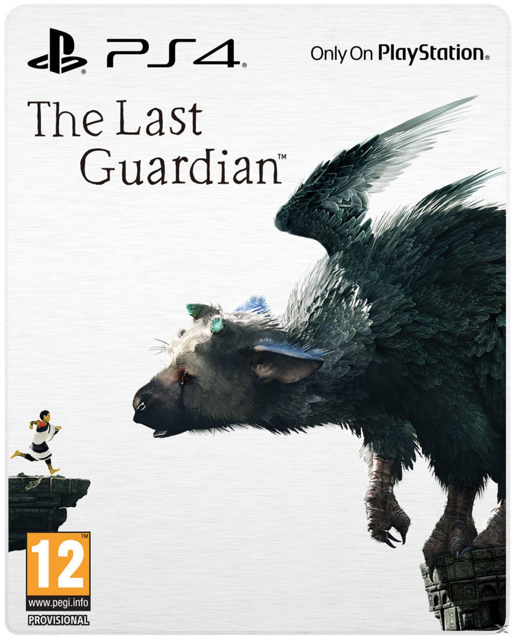 The Last Guardian-Spielcover. Ein Junge und eine große, vogelähnliche Kreatur auf weißem Hintergrund.
