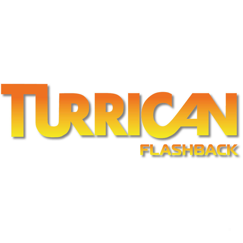 Logo Turrican Flashback. La parola 'TURRICAN' in arancione, con una sfumatura gialla, e 'FLASHBACK' sotto.