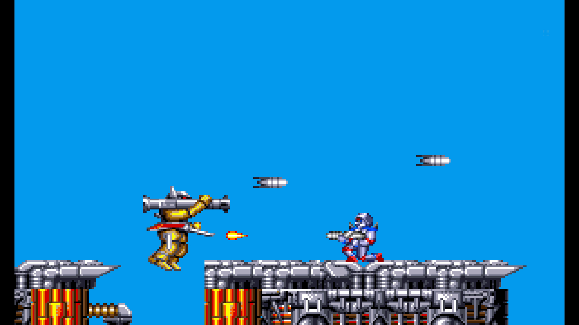 Scena di gioco pixelata con due personaggi su una piattaforma, che si sparano. Sfondo cielo blu.