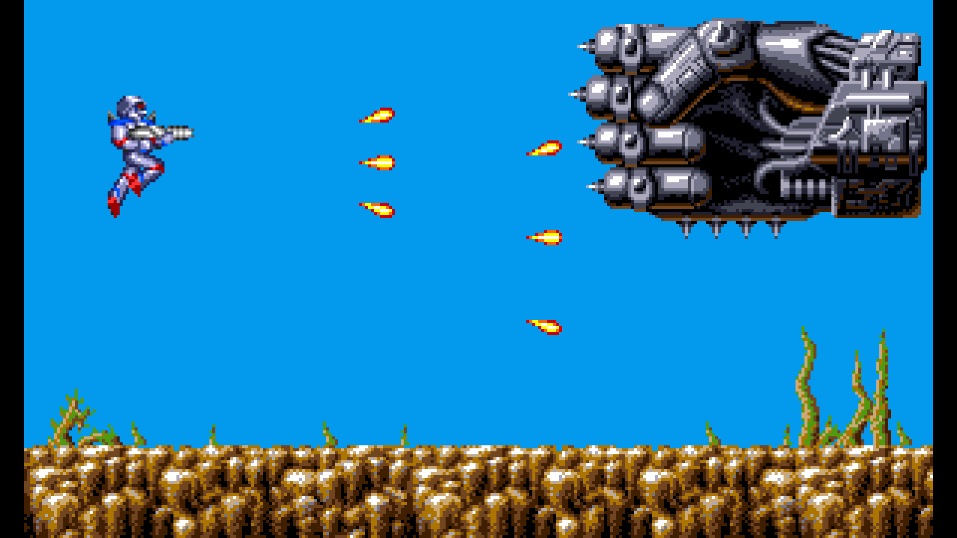 Una scena di videogioco pixelata con un soldato che spara a un grande oggetto meccanico.