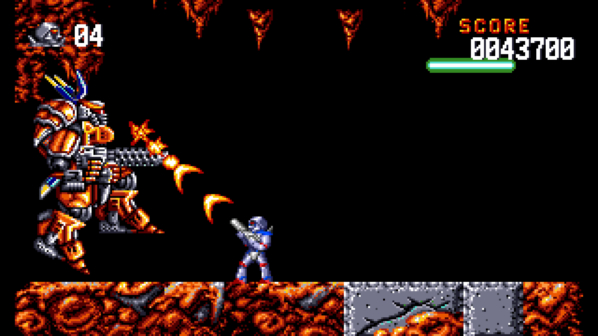 Scena di gioco pixelata. Un eroe spara a un grande robot. Scuro, con sfondo infuocato e un indicatore di punteggio.