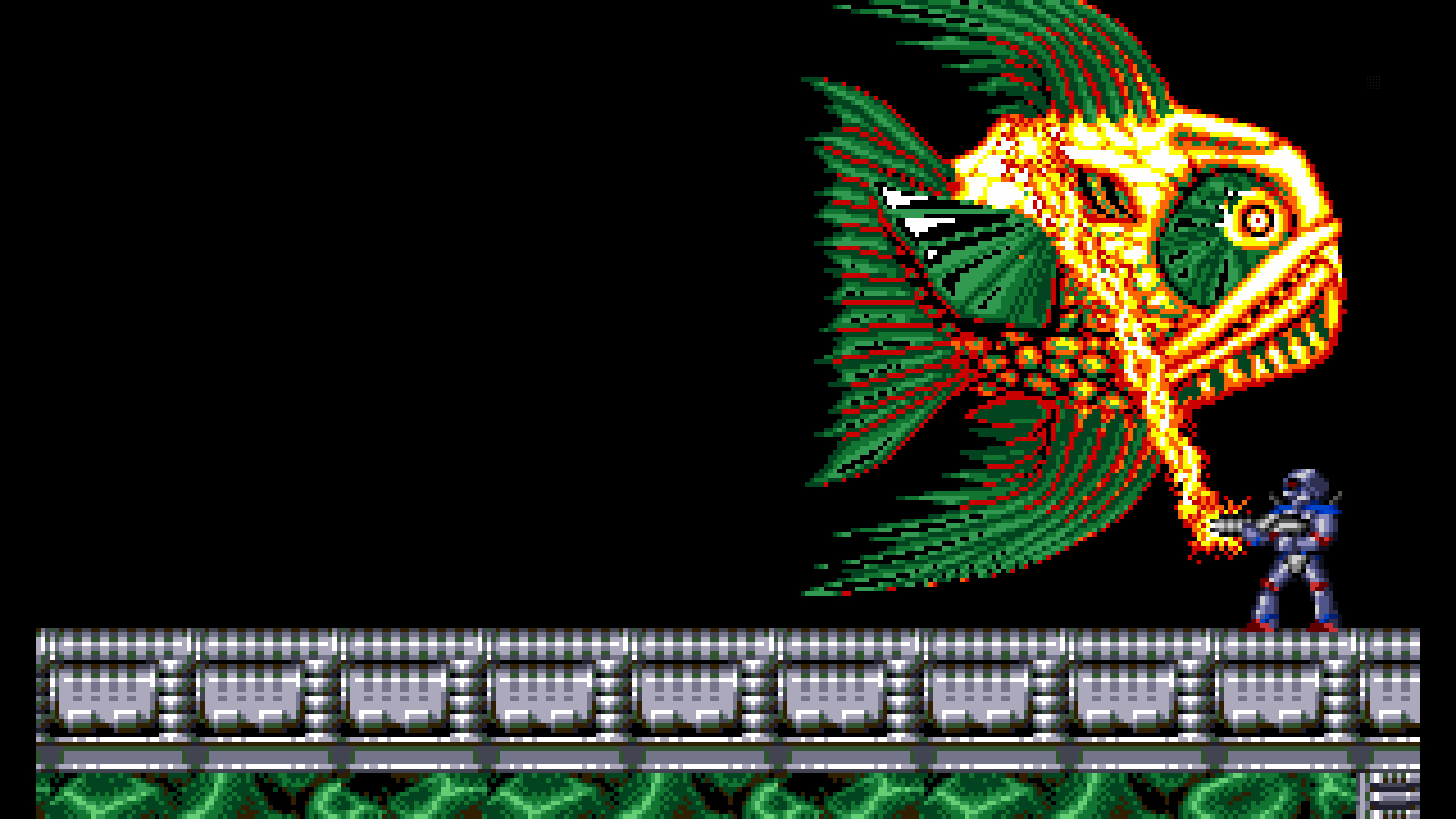 Una scena di videogioco pixelata con un soldato di fronte a una grande creatura simile a un pesce.