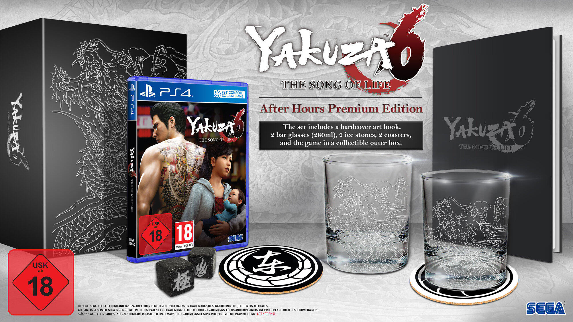 Pudełko z grą Yakuza 6 i przedmioty. Zawiera album z grafikami, szklanki, podstawki i grę w kolekcjonerskim pudełku.