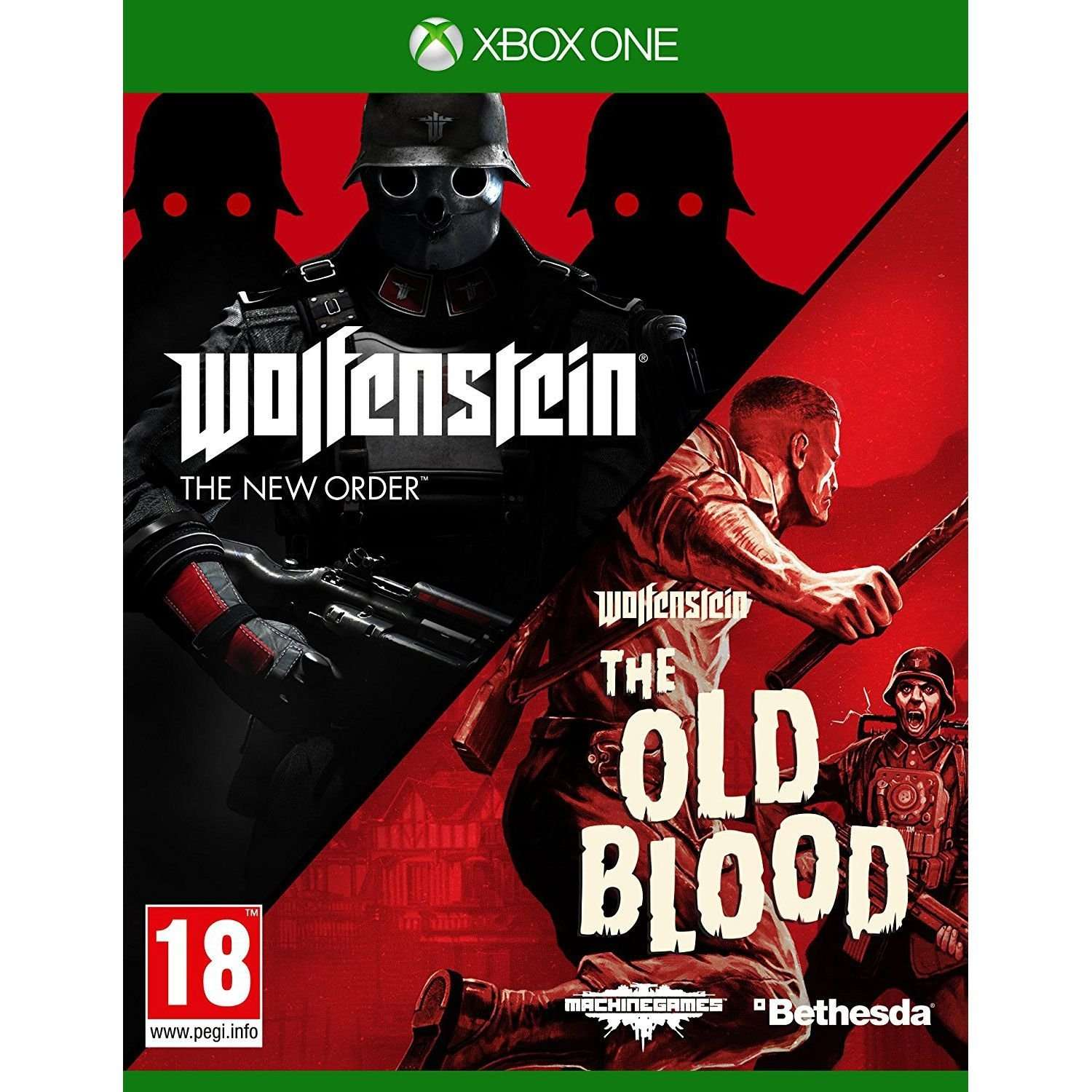 Okładka gry Wolfenstein: The New Order i The Old Blood. Żołnierze z bronią są w centrum.