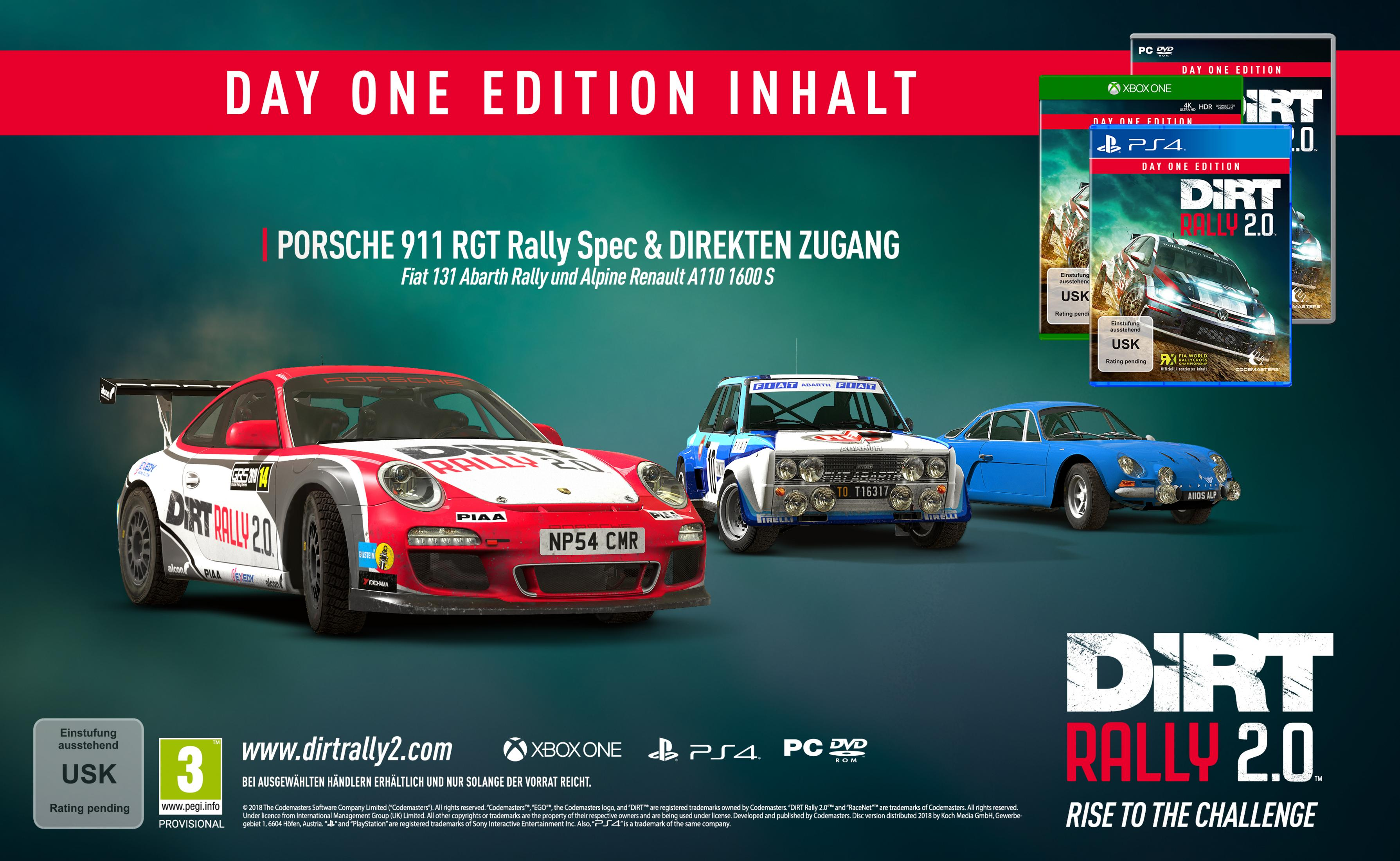 Dirt Rally 2.0-Spiel-Cover. Drei Autos werden mit einem Rennthema angezeigt. Day One Edition-Inhalte werden gezeigt.