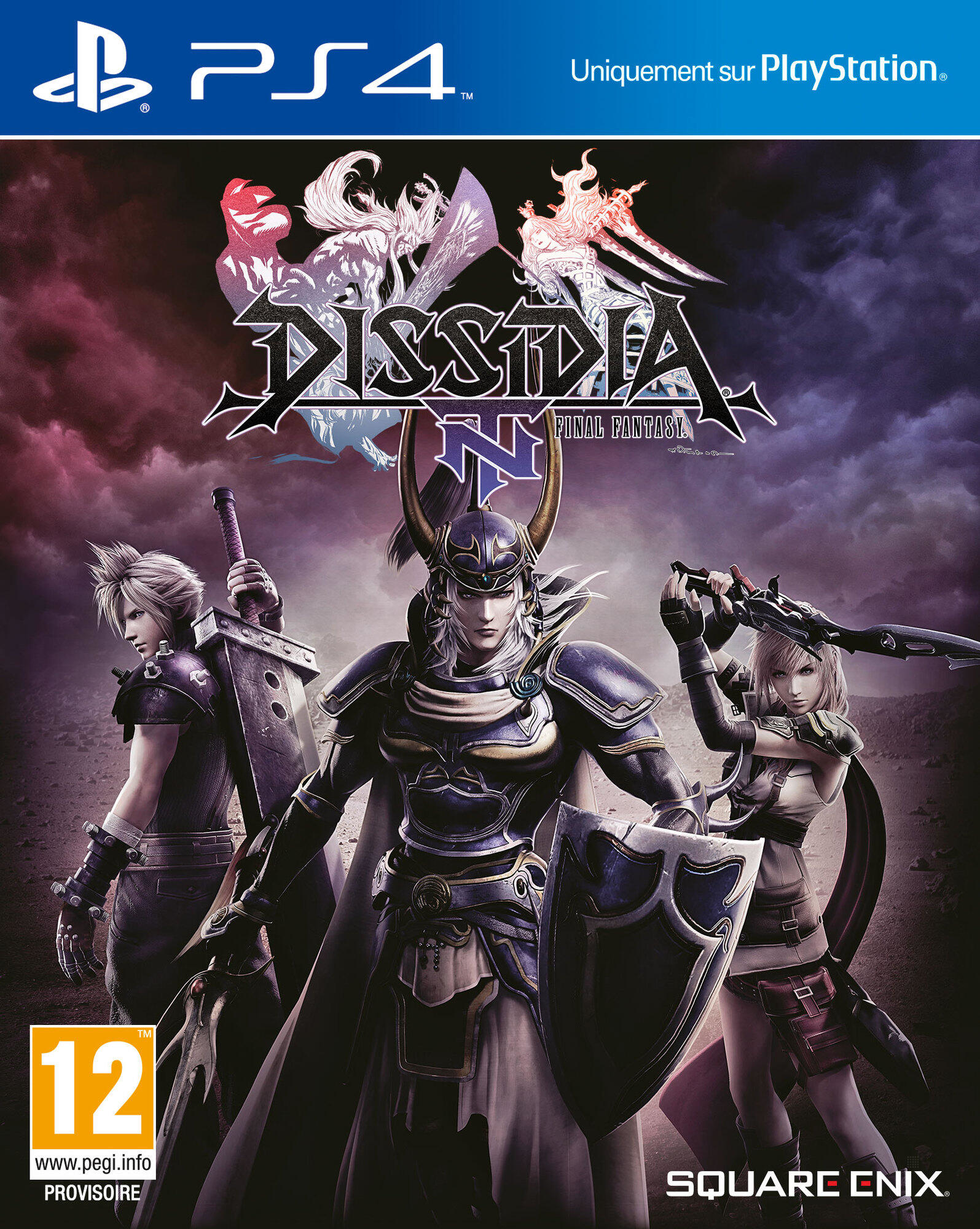 Copertina del gioco Dissidia Final Fantasy NT con tre personaggi con armi.