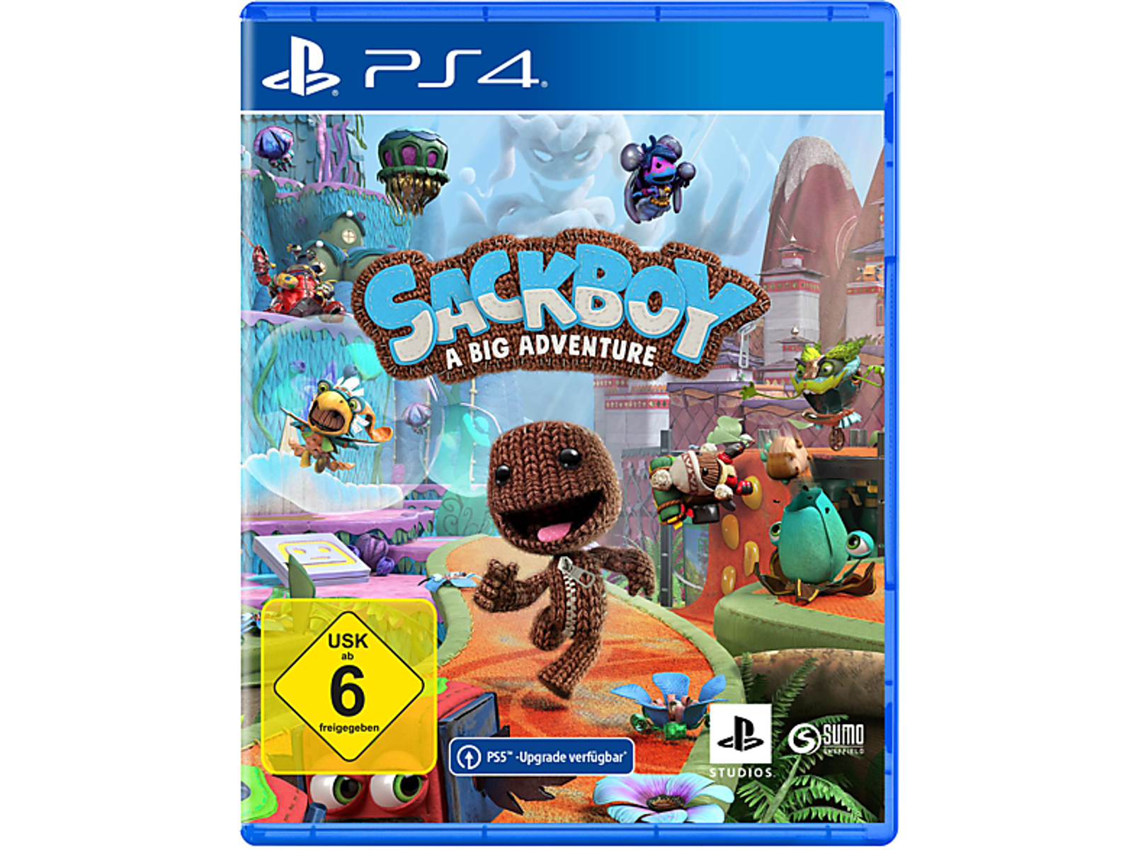 Scatola del gioco Sackboy: A Big Adventure, personaggio marrone, sfondo colorato.