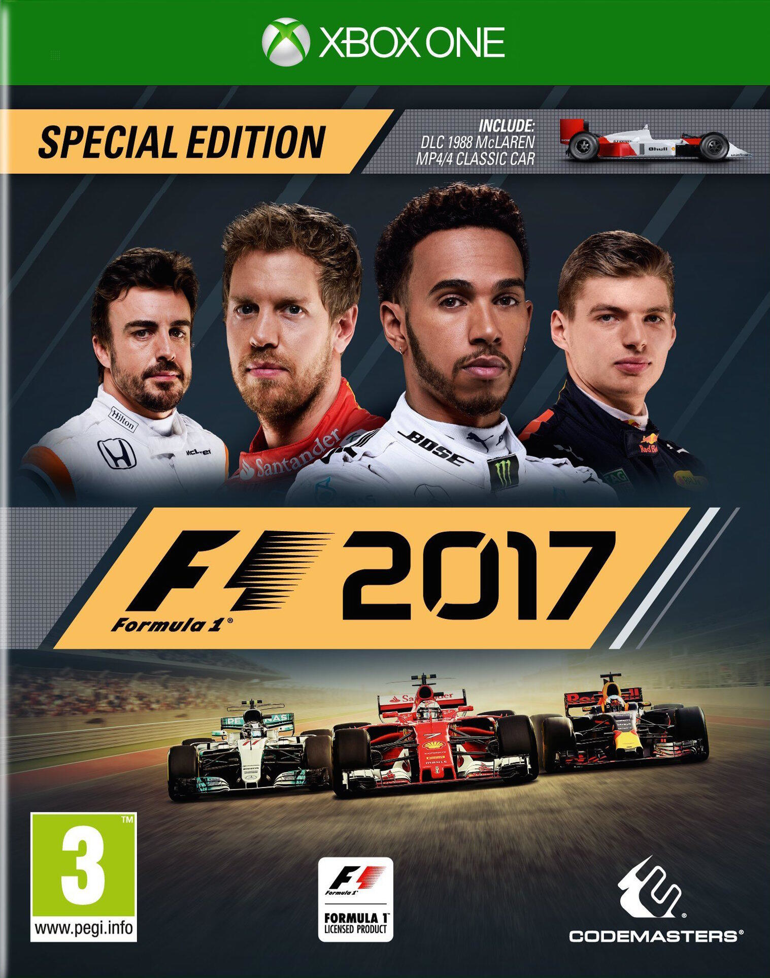 Copertina del gioco F1 2017 con auto da corsa e piloti.