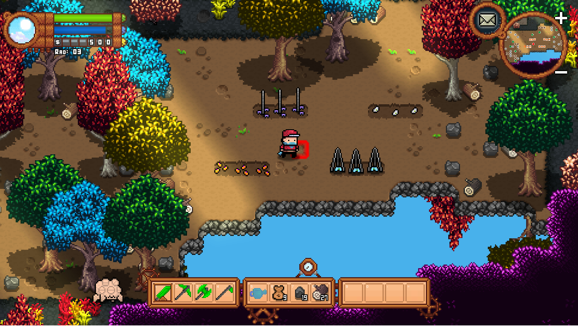 Pikselowa scena gry: Postać stoi nad wodą, otoczona kolorowymi drzewami i interfejsem gry.