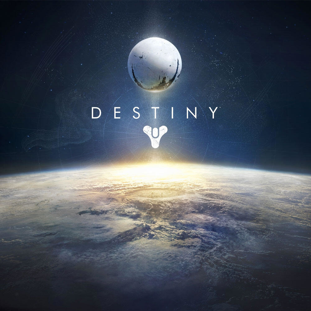 Okładka gry Destiny: Planeta i księżyc w kosmosie, z logo i tytułem gry.