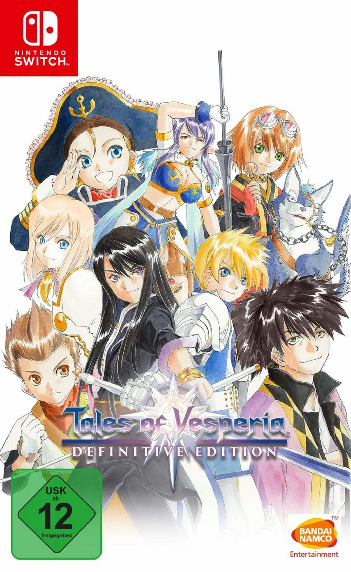 Okładka gry Tales of Vesperia: Definitive Edition. Postacie anime, widoczne logo Nintendo Switch.