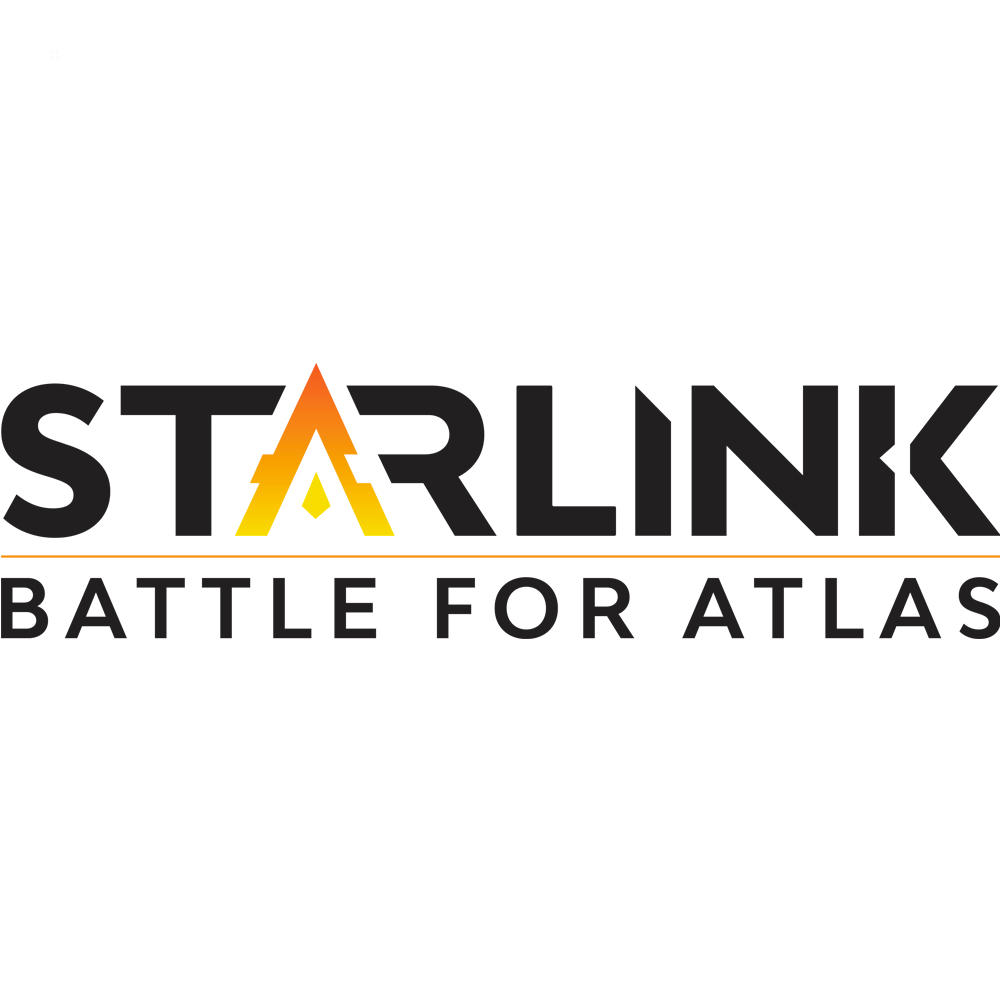 Logo Starlink: Battle for Atlas. Czarny tekst z żółto-pomarańczowym symbolem u góry.