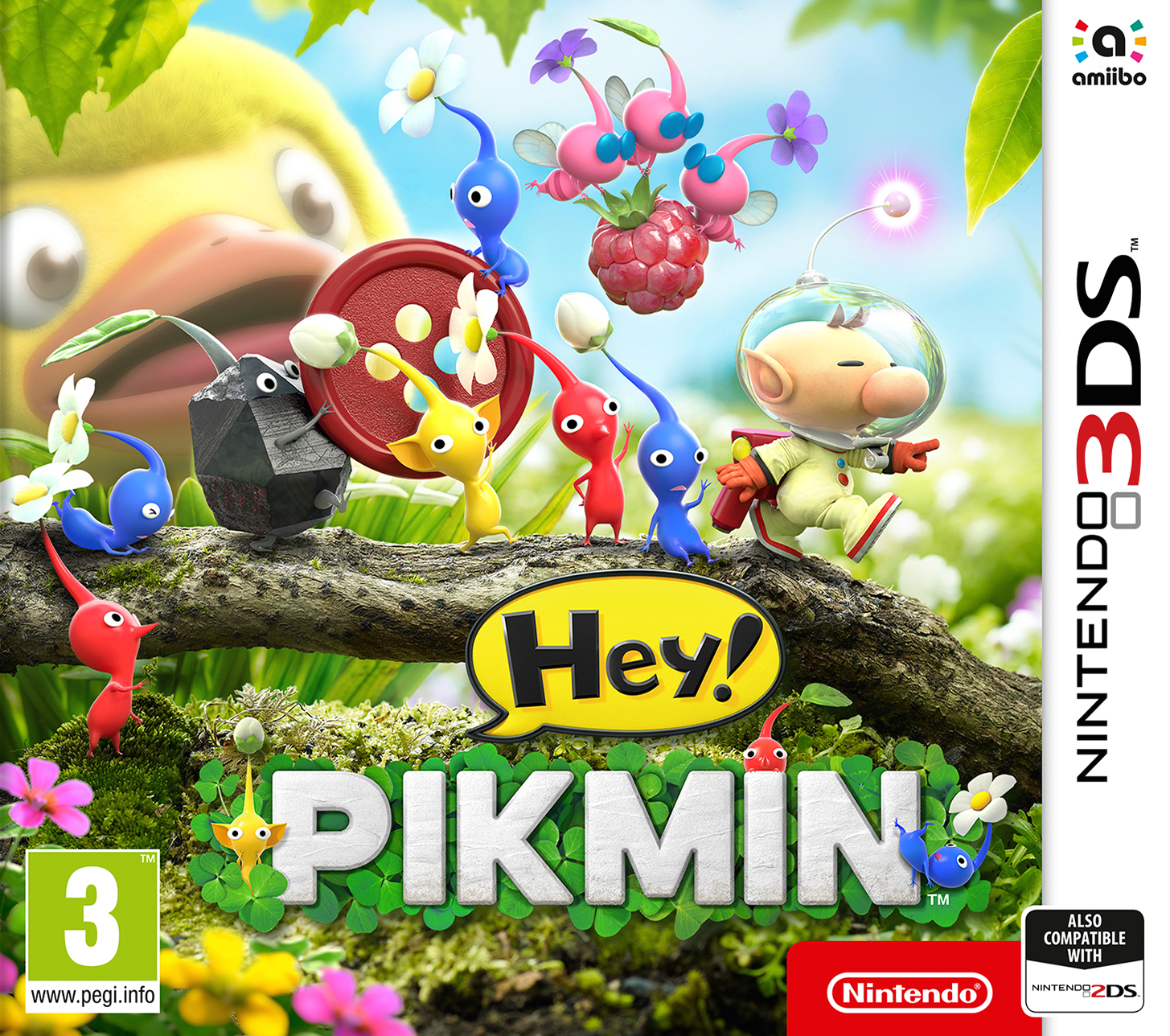 Okładka gry: Postacie Pikmin z dużą żółtą kaczką i tytułem 'Hey! Pikmin'.