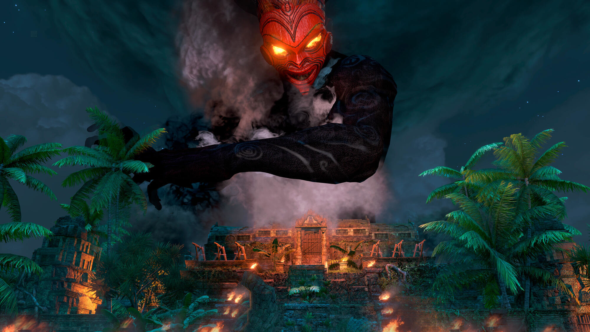 Rozgrywka Far Cry 3. Gigantyczna postać demoniczna nad świątynią, nocne niebo, palmy.