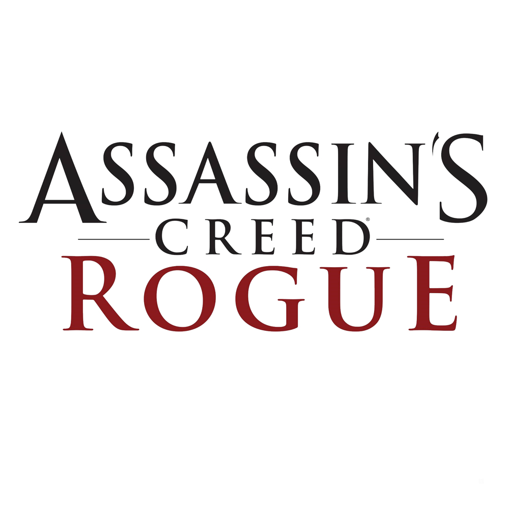 Logo Assassin's Creed Rogue na białym tle. Tekst jest czarny i bordowy.