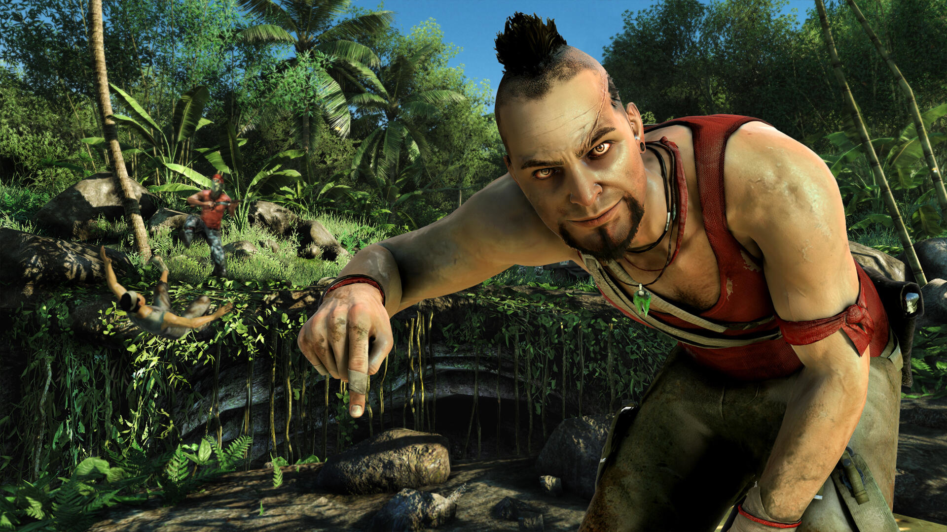 Mężczyzna z irokezem wskazuje, Far Cry 3. Drugi mężczyzna upada w tle.