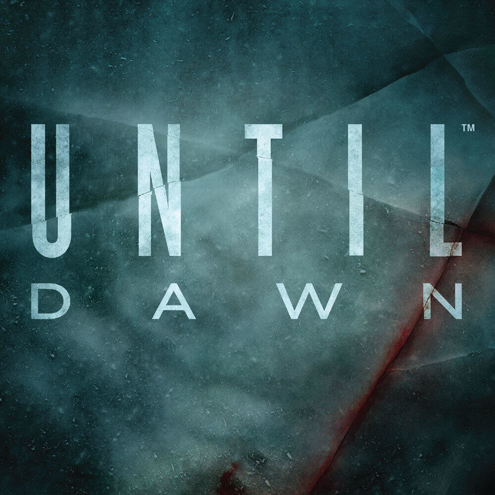 Le parole 'UNTIL DAWN' in bianco, carattere stilizzato su uno sfondo blu ghiaccio strutturato.
