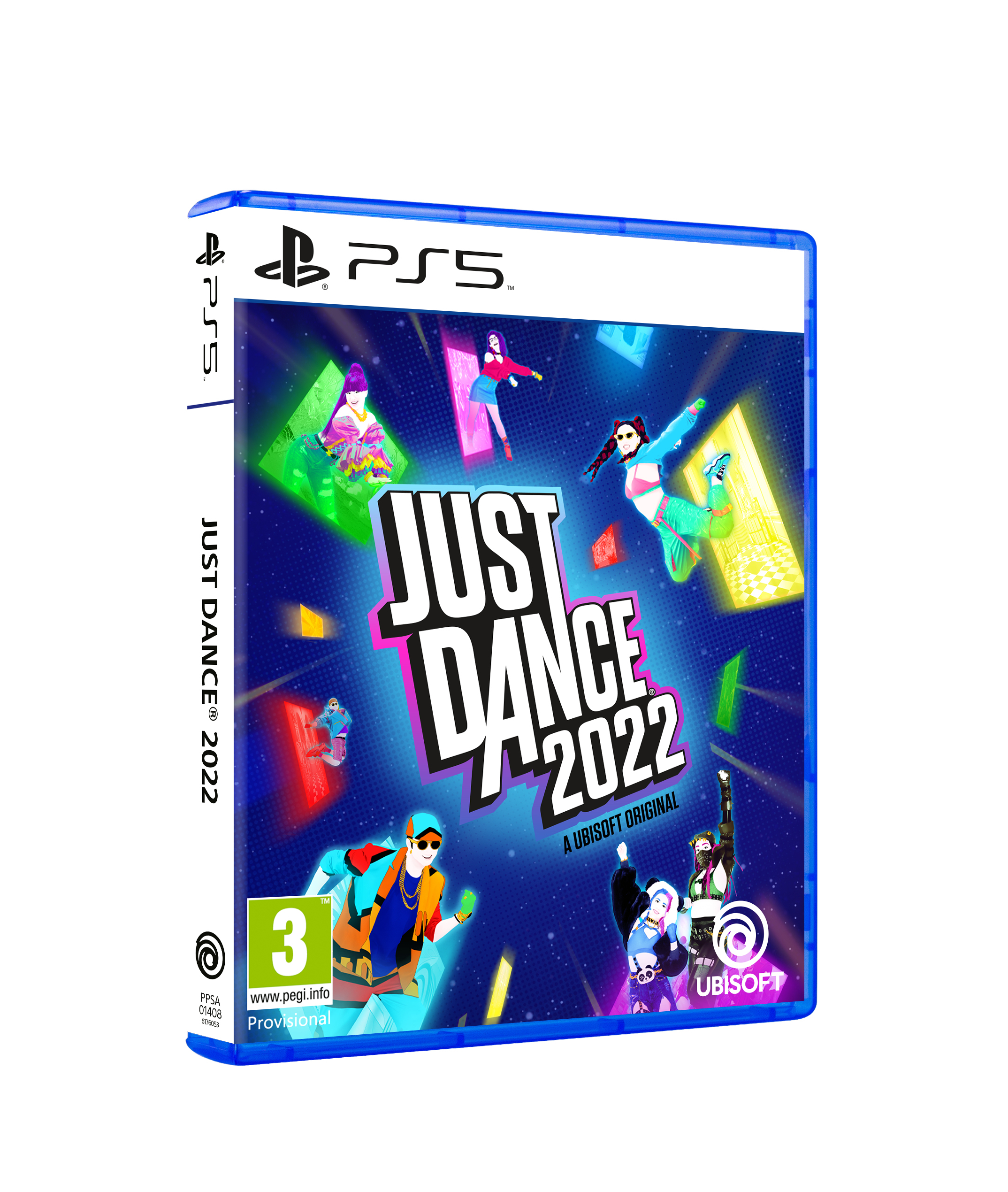 Okładka gry 'Just Dance 2022' z tancerzami w kolorowych strojach. Widoczne logo PS5.