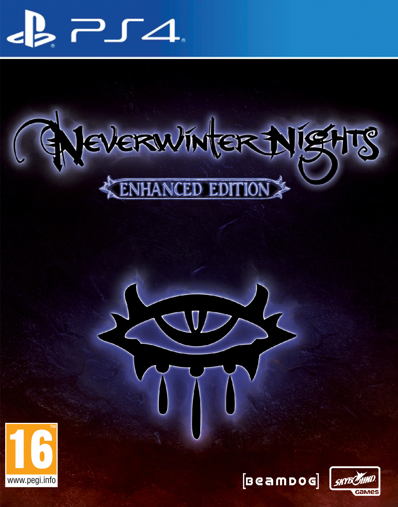 Okładka gry Neverwinter Nights Enhanced Edition ze stylizowanym symbolem oka na ciemnoniebieskim tle.