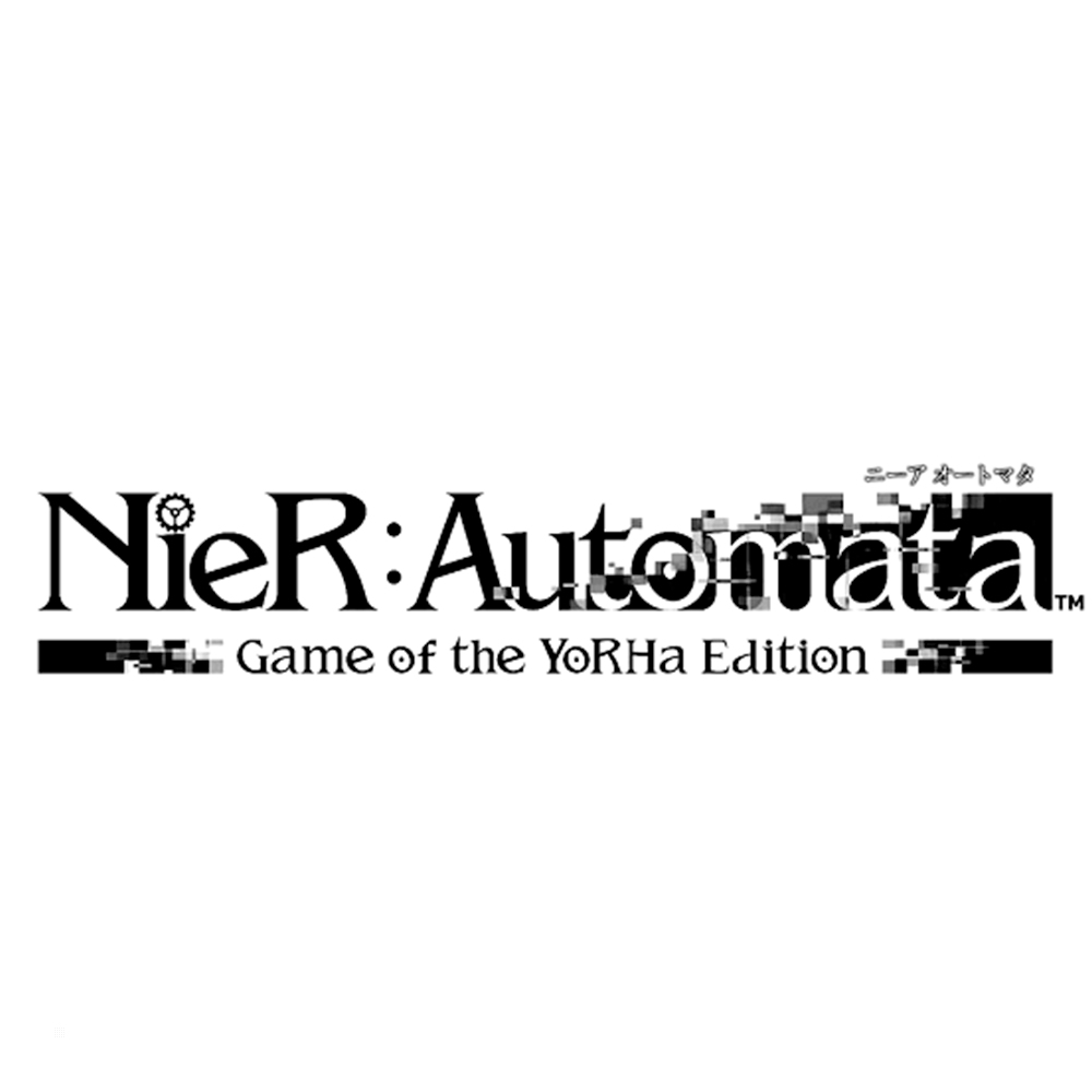 Logo NieR:Automata Game of the YoRHa Edition. Czarno-biały tekst z pikselowym designem.