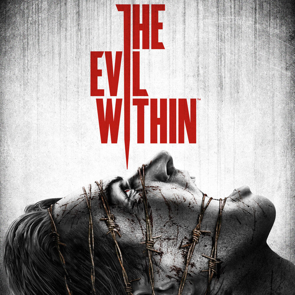 Okładka gry The Evil Within. Twarz z drutem kolczastym, czerwony tekst na szarym tle.