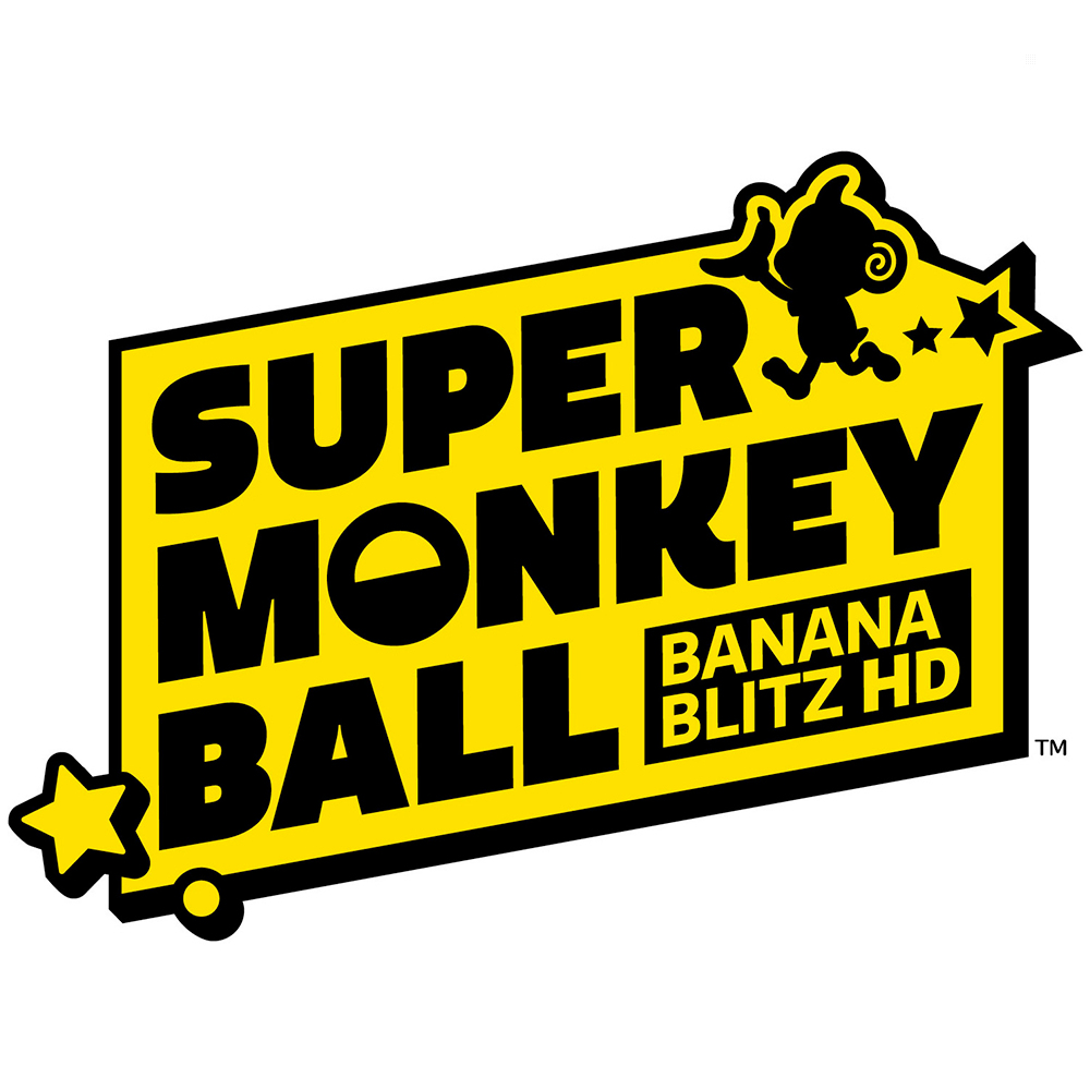 Żółty prostokąt z tekstem Super Monkey Ball. Sylwetka postaci małpy. Tekst Banana Blitz HD.