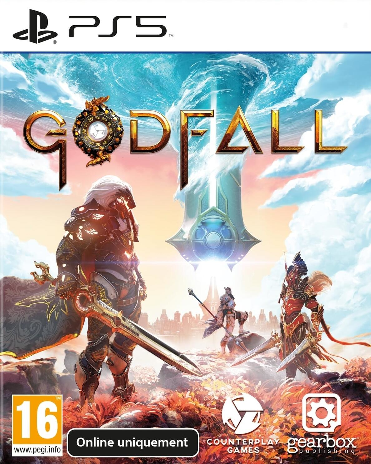Portada del juego Godfall para PS5. Un guerrero con armadura y espada en primer plano, y otros guerreros al fondo.