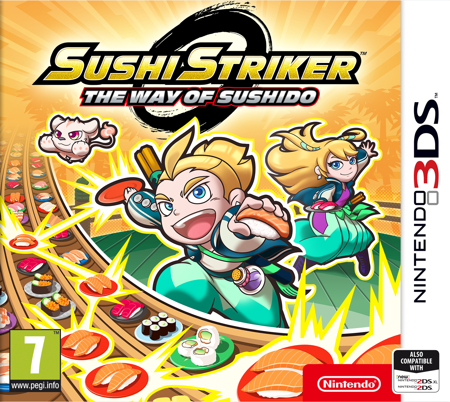 Okładka gry Sushi Striker: The Way of Sushido. Dwie postacie z anime z sushi w tle.