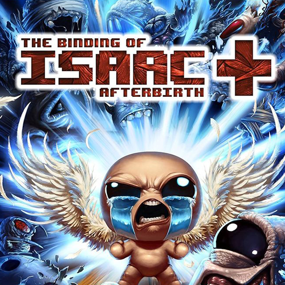 Okładka gry The Binding of Isaac: Afterbirth+. Płaczące dziecko ze skrzydłami, otoczone wrogami.