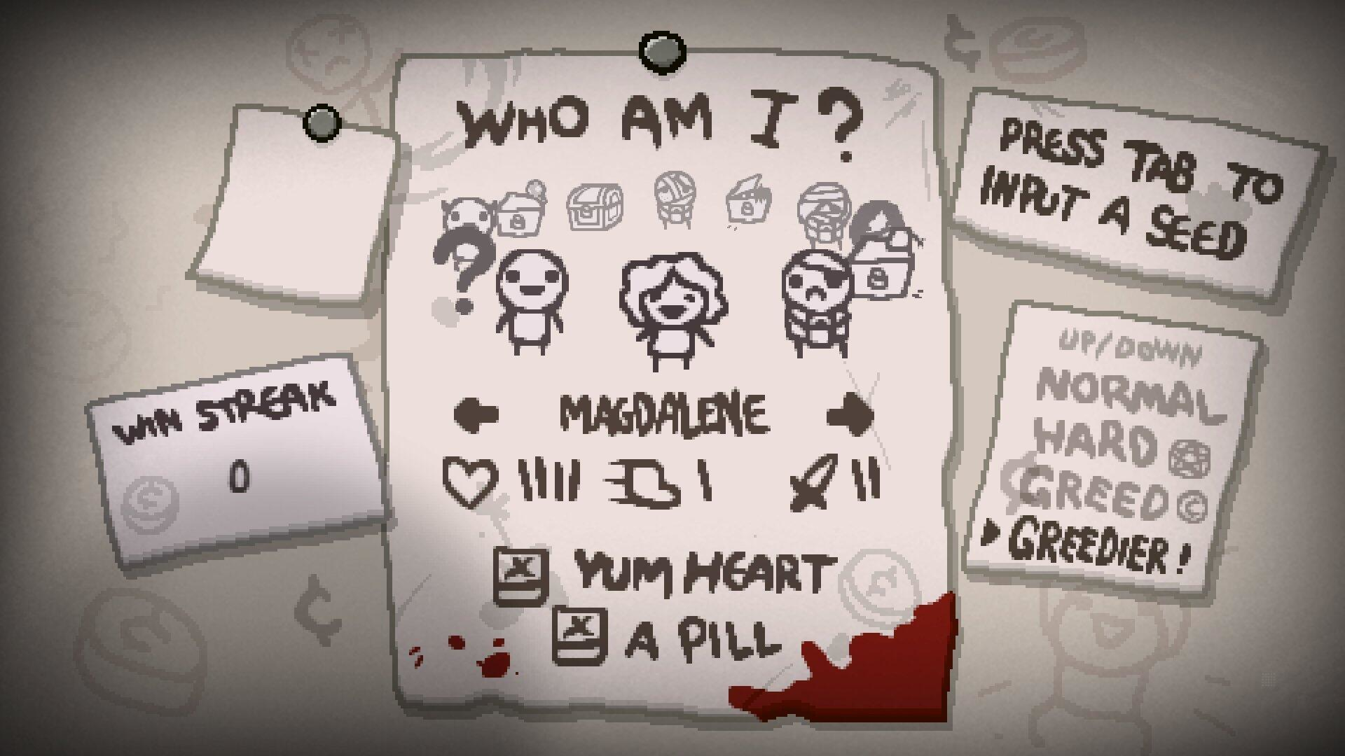 Zrzut ekranu z gry 'The Binding of Isaac'. Pokazuje informacje o postaci, serię zwycięstw i opcje gry.