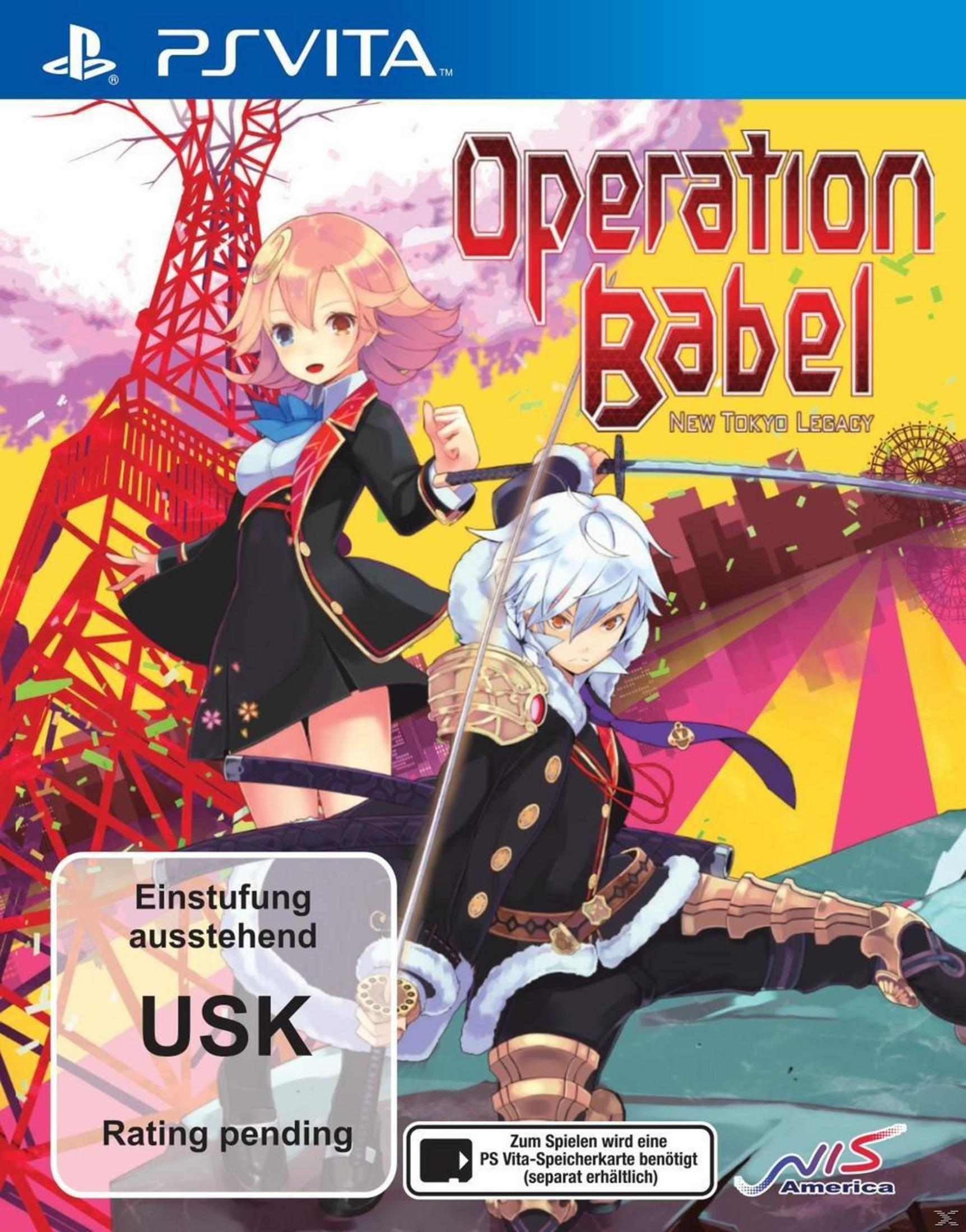 Operation Babel-Spielcover. Zwei Anime-Charaktere, ein Mann und eine Frau, sind auf dem Cover abgebildet.