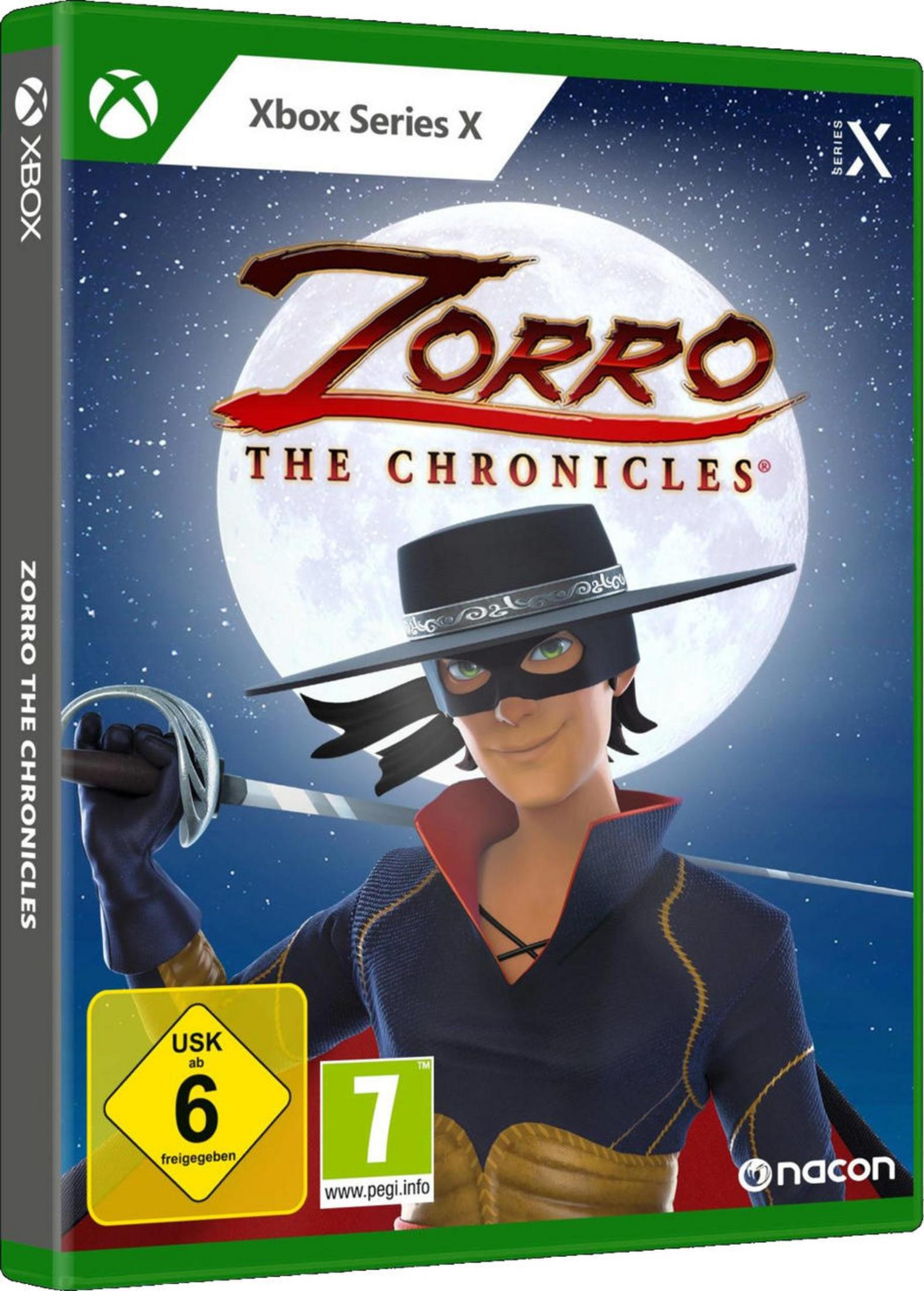 Zorro The Chronicles-Spielcover mit einem Mann mit Maske, Schwert in der Hand, mit Mond im Hintergrund.