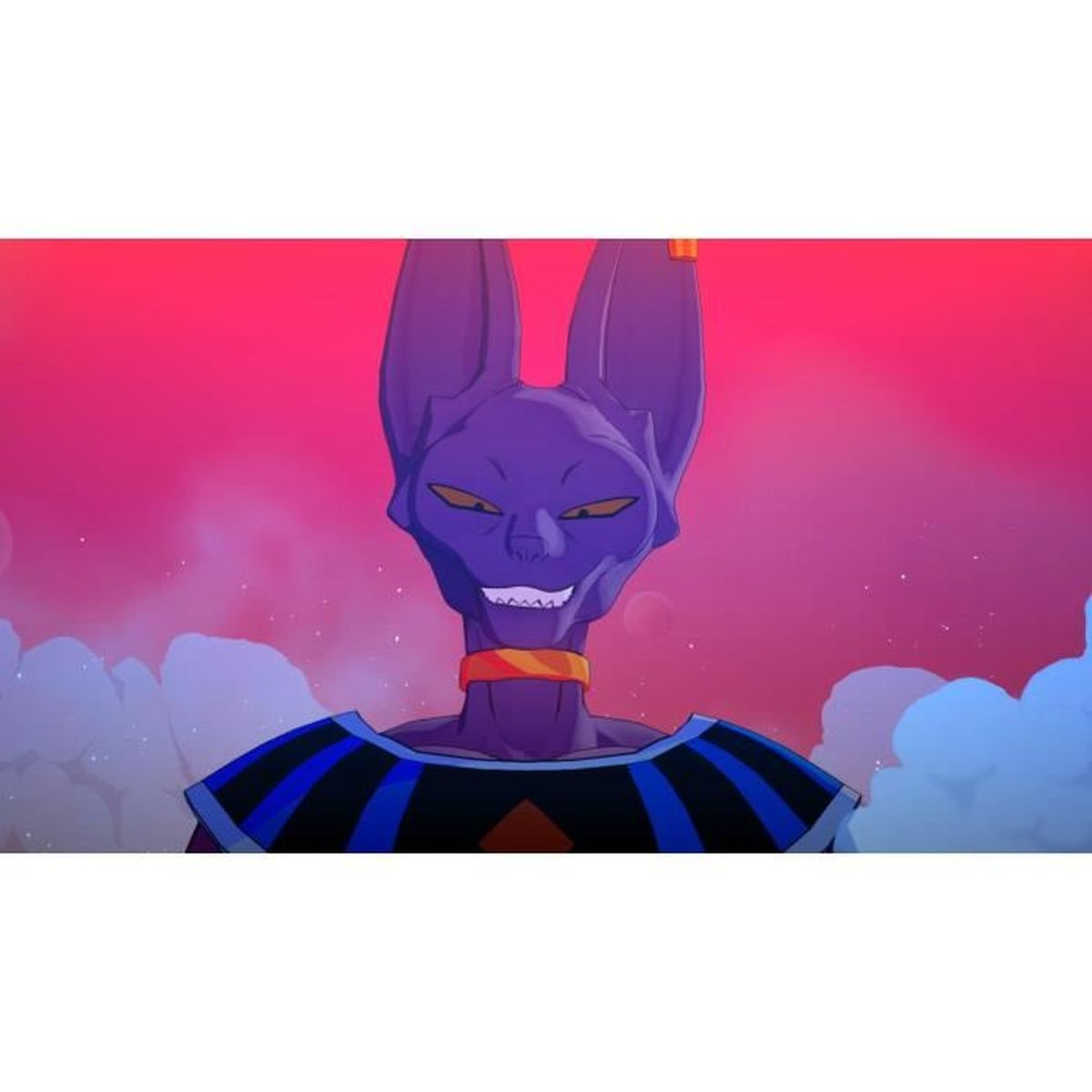 Postać Beerusa z Dragon Ball Z. Jest fioletowy z dużymi uszami i groźnym uśmiechem.