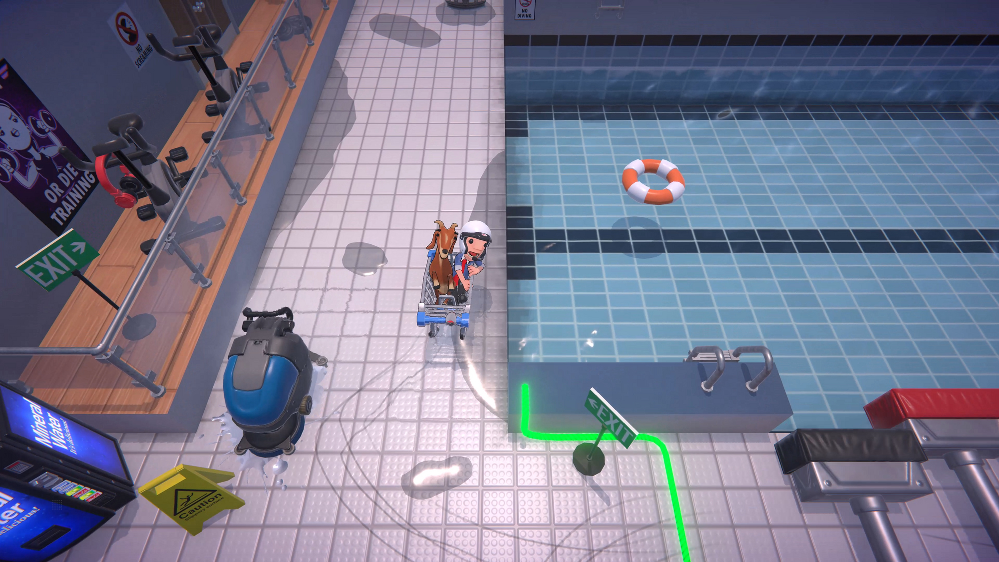 Osoba w basenie z wózkiem i kołem ratunkowym. W tle znaki i basen.