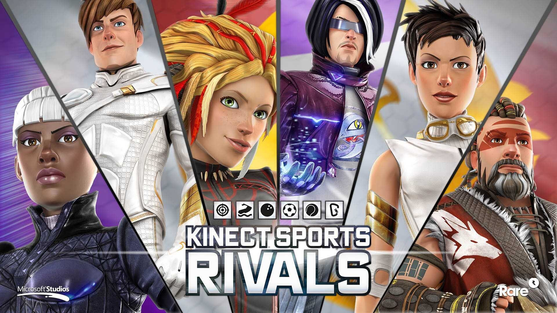 Okładka gry Kinect Sports Rivals z wieloma postaciami w rzędzie, prezentująca różne sporty.