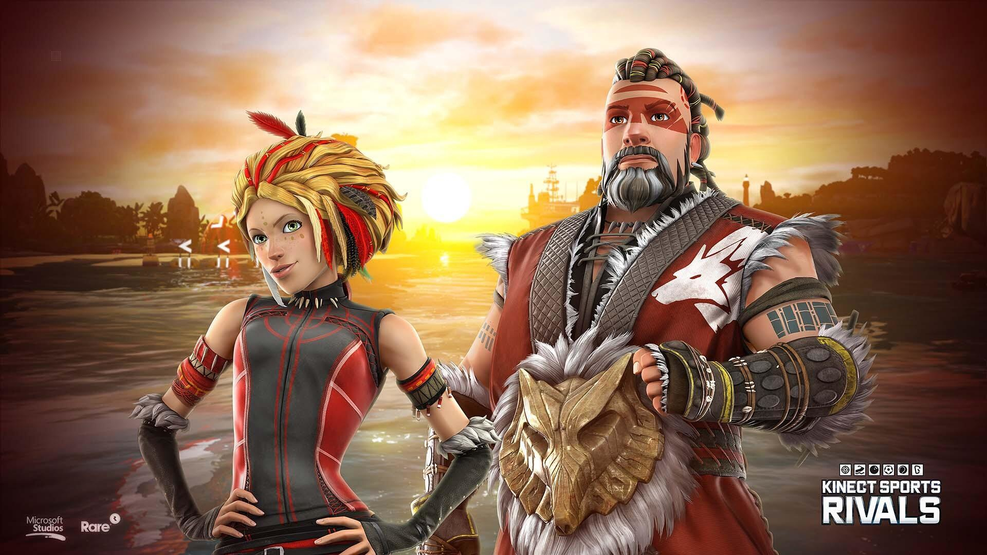 Okładka gry Kinect Sports Rivals z dwiema stylizowanymi postaciami, mężczyzną i kobietą, o zachodzie słońca.