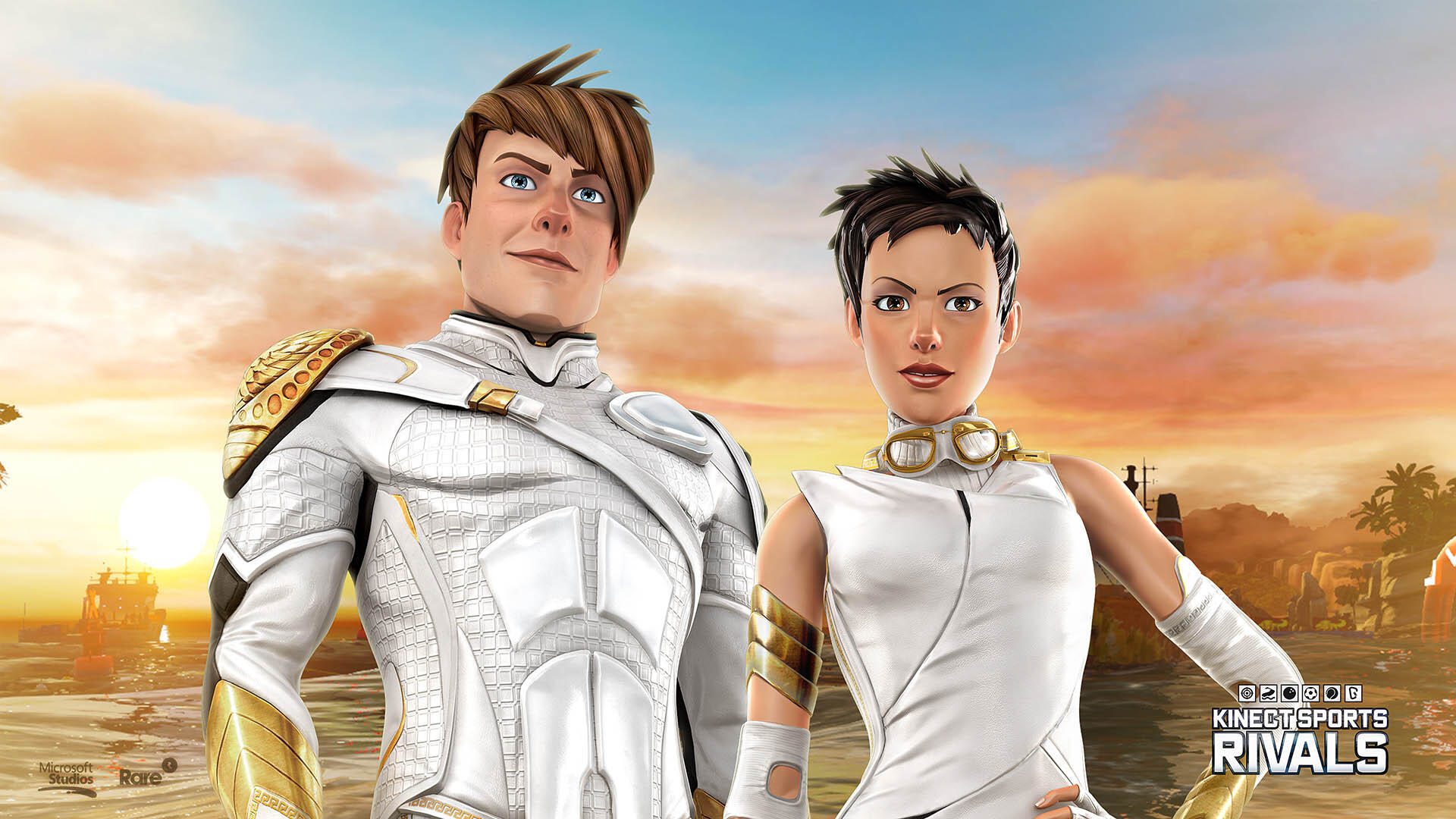 Okładka gry Kinect Sports Rivals. Dwie stylizowane postacie stoją razem o zachodzie słońca.