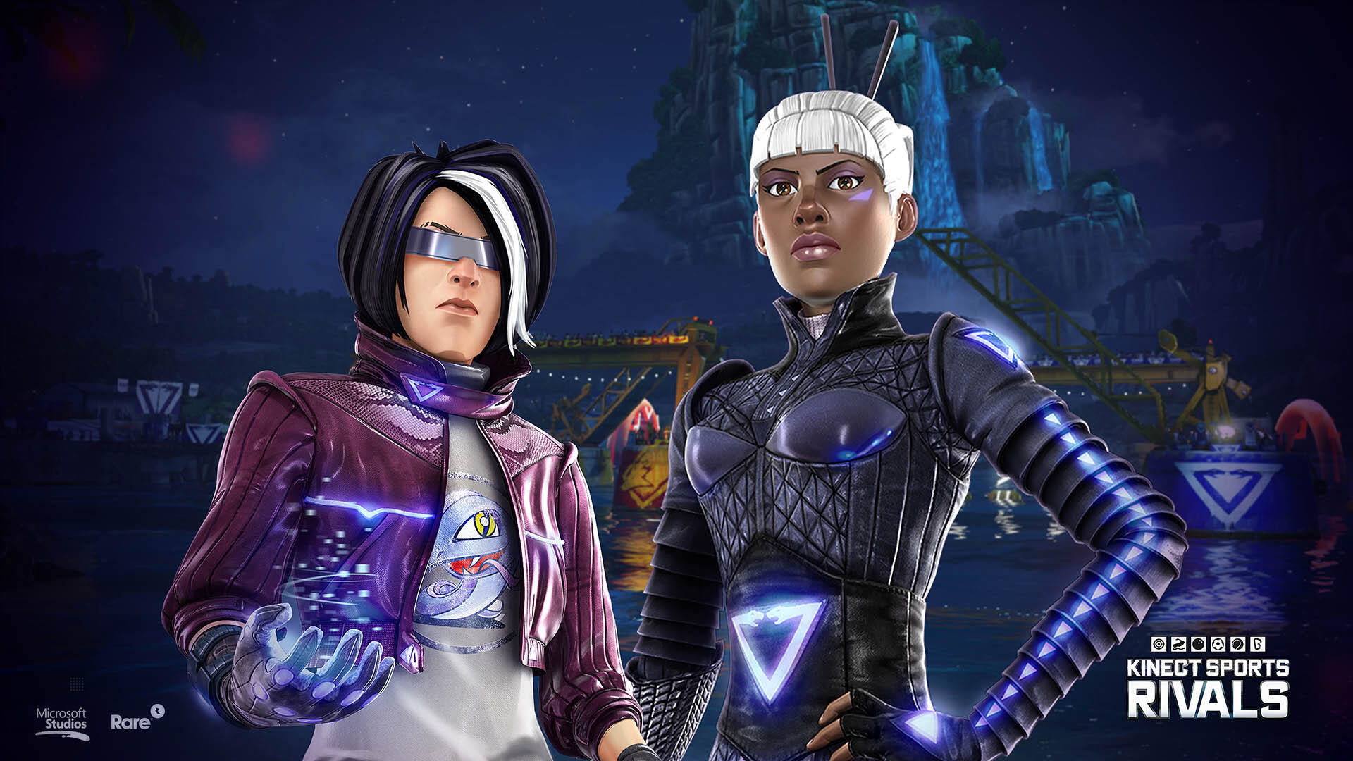 Okładka gry Kinect Sports Rivals z dwiema postaciami, jedną niebieską, a drugą fioletową.